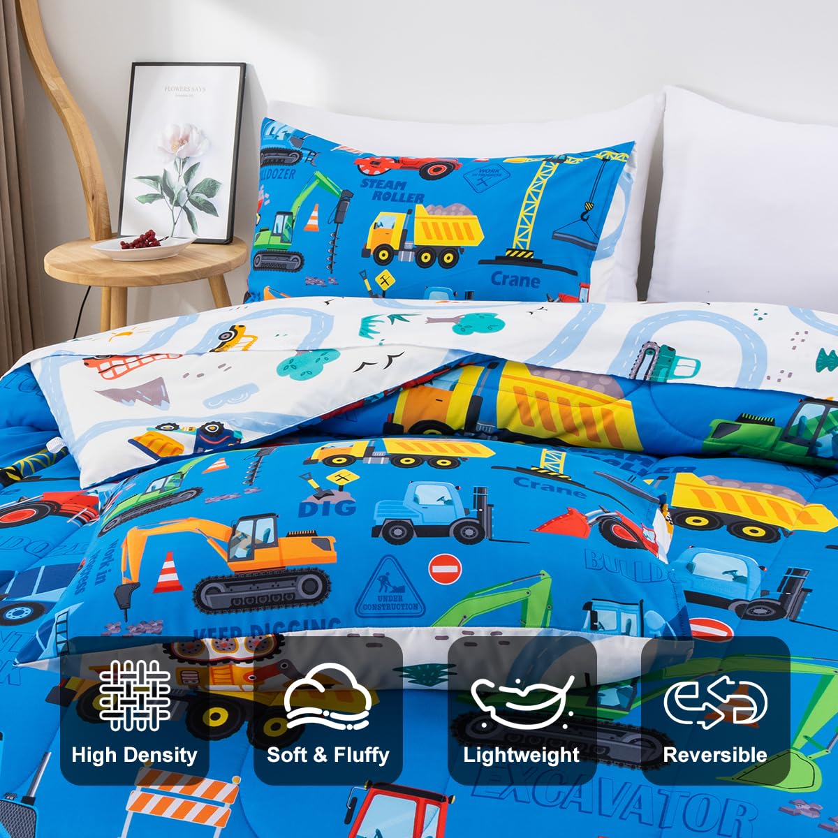 Holawakaka Trucks Excavator Cars Boy Bedding Comforter Set with Sheets, Twin Size Cartoon Construction Car Tractors Print Kids Bed in A Bag 5-Piece, Boys Reversible Dorm Bed Sets (Blue Twin)