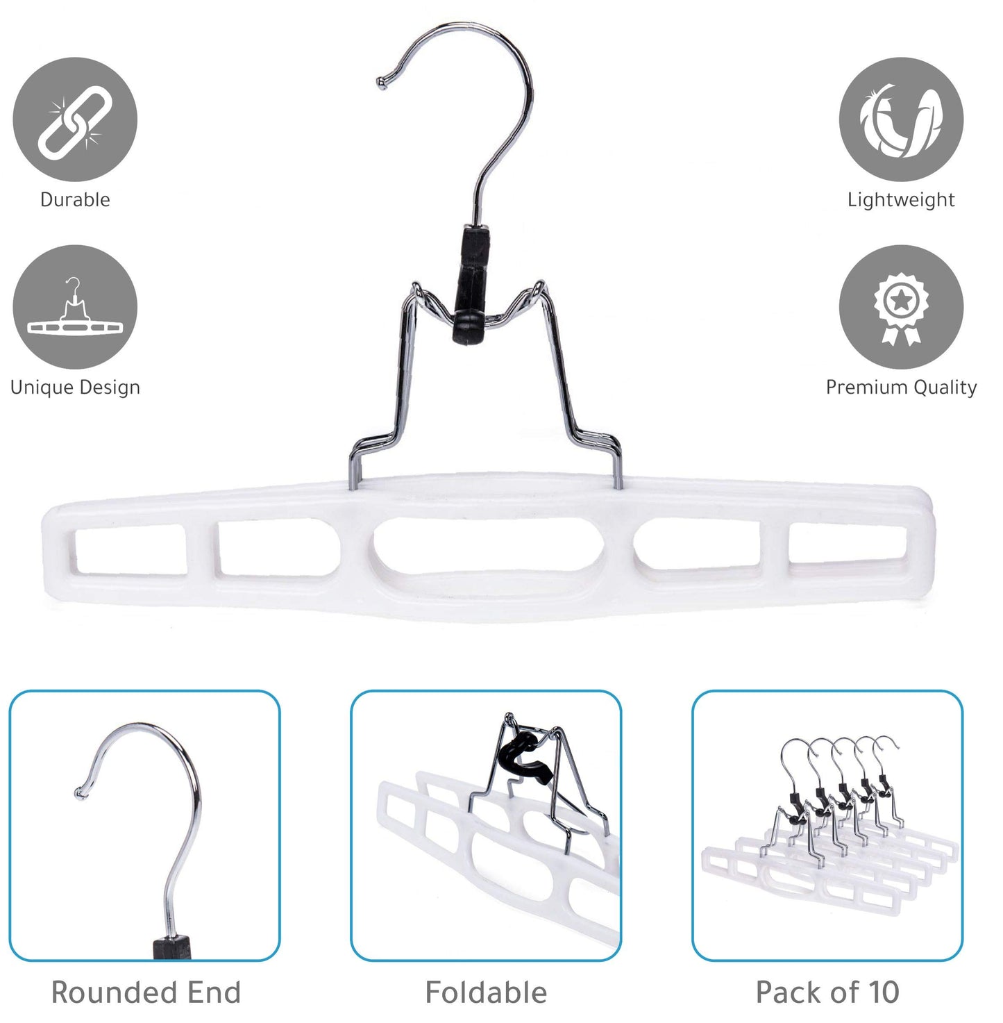 Quality Hangers 10 Pack Premium Skirt Hangers - Thin Space Saving Pant Hangers Set with Clamp, Shorts Hangers with Heavy Duty Locking Clasp, Multipurpose Jean Hangers Set - White
