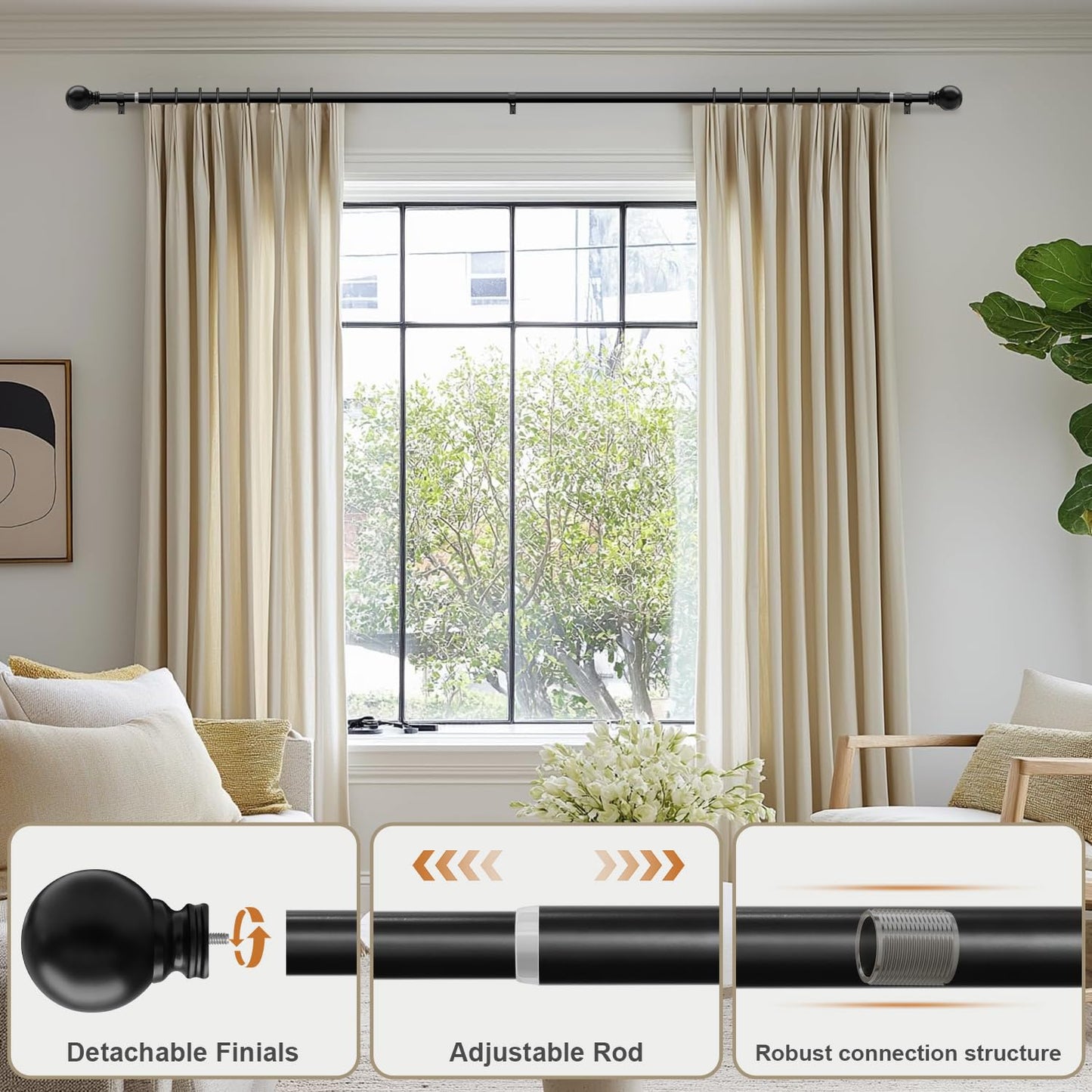Black Curtain Rods for Windows 72 to 144 Inch 1" Diameter Heavy Duty Metal Adjustable Extra Long Blackout Traverse Window Treatment Rods with Decorative Finials Doorway Living Room Bedroom Kitchen