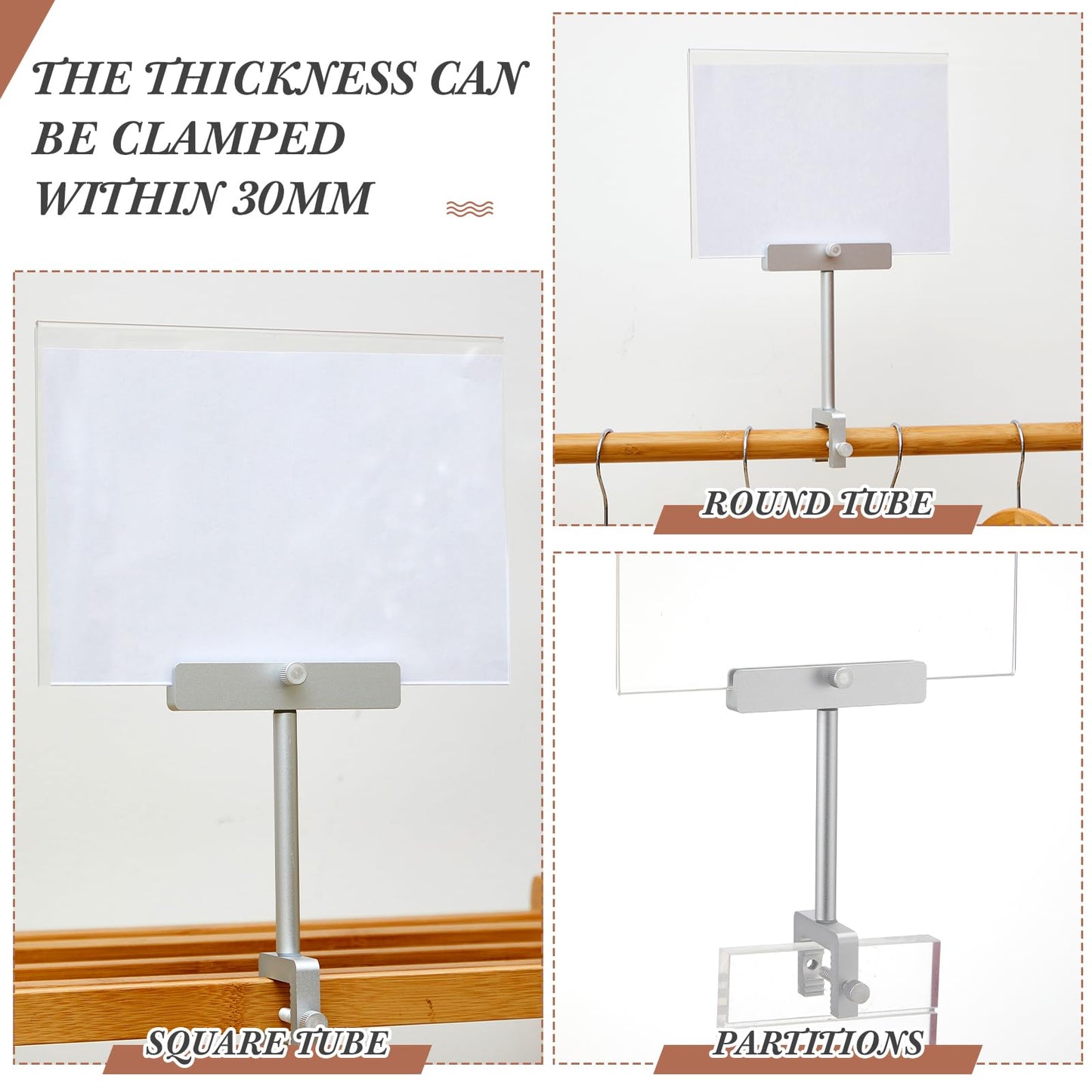 FoldTier 6 Set 5.5 x 7 Inch Clothing Rack Sign Holder Aluminum Alloy Retail Sign Holder with Clamp Acrylic Frame for Retail Stores Price Card Display(Black)