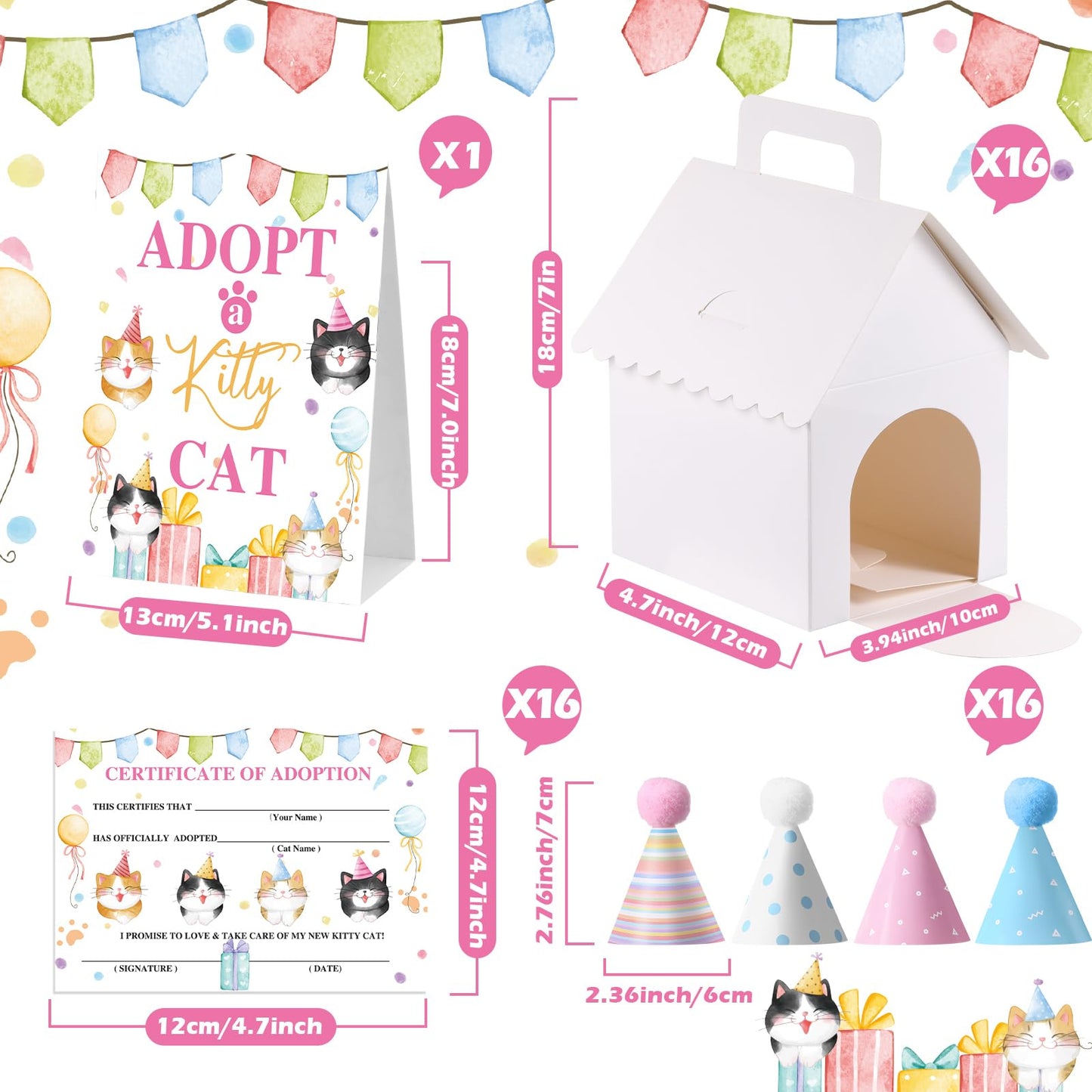 Cinnvoice 65 Pcs Adopt a Cat Party Favors, 16 Stuffed Cat Animals 16 Boxes 16 Cute Birthday Hats 16 Adoption Certificate Card 1 Adoption Sign for Adopt a Pet Party Favor Supplies (House,White)