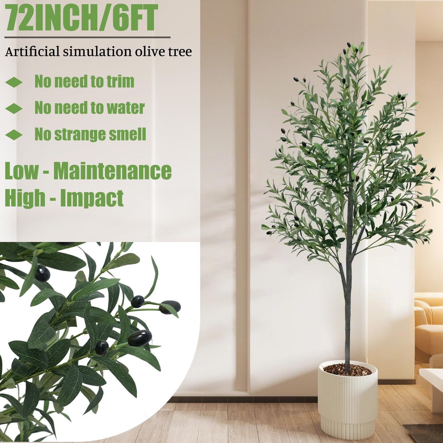 6FT Artificial Olive Tree,Artificial Plants Indoor,Faux Olive Tree Indoor with Natural Wood Trunk and Realistic Leaves and Fruits for Home Office Decor