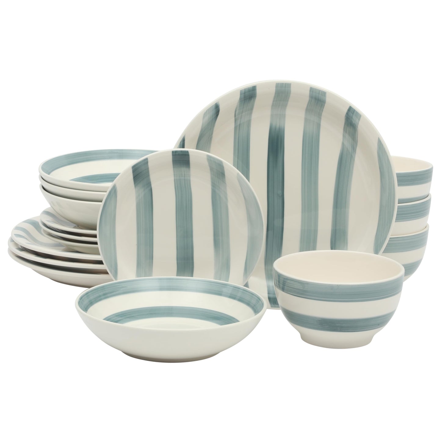 Gibson Home Kenwood Shores 16 Piece Dinnerware Set, Blue Striped, Hand-Painted Stoneware Dishes, Plates and Bowls, Service for 4, Microwave & Dishwasher Safe
