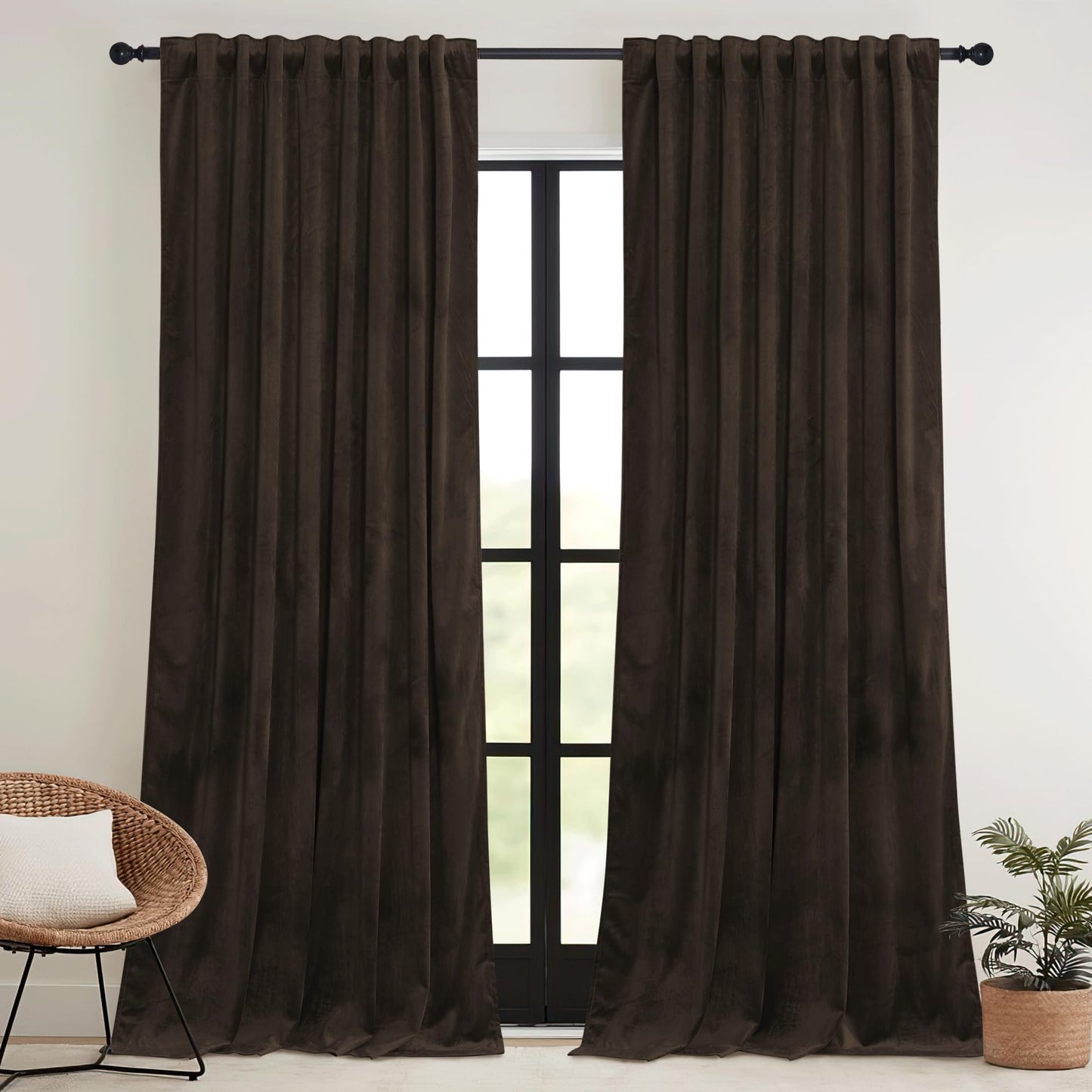RYB HOME Brown Blackout Curtains 84 inches Long Velvet, Room Darkening Thermal Insulated Drapes with Hook Belt for Bedroom Home Theater, W 52 x L 84 inches, 2 Panels Set