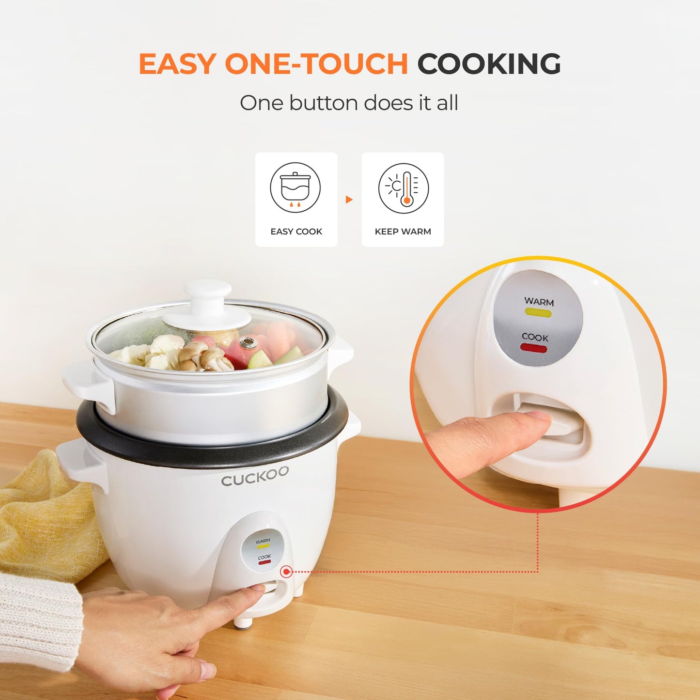 CUCKOO One Touch Rice Cooker 3-Cup (Uncooked) / 6-Cup (Cooked), Mini Rice Cooker & Warmer with Steamer Tray, Versatile Grain Cooker, Soup Maker, Auto Keep Warm, White (CR-0301C)