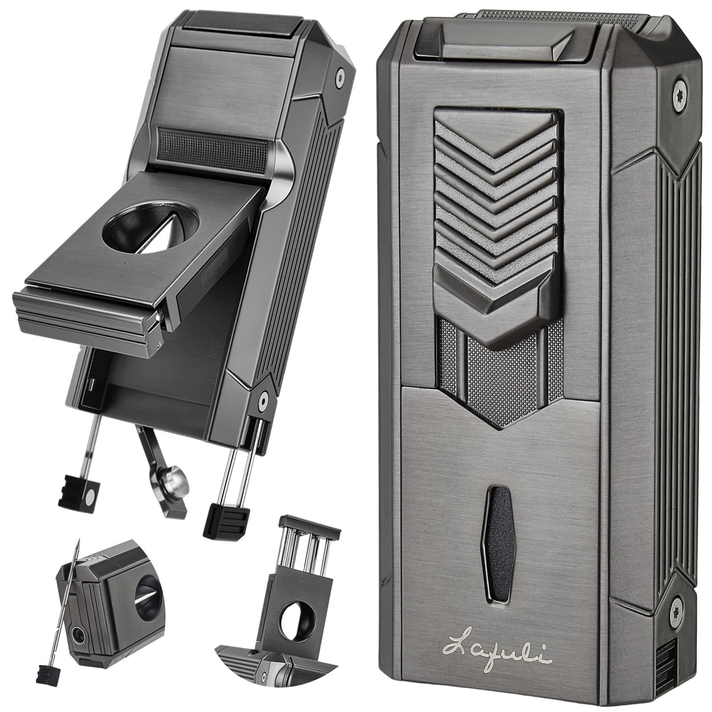 6-in-1 Torch Lighter with Twin Nubber, Auto-Pop V-Shape Clipper, Draw Enhancer, Holder and Punch, Refillable & Adjustable Windproof Butane Lighter, Premium Gift Box for Men & Travel Essential