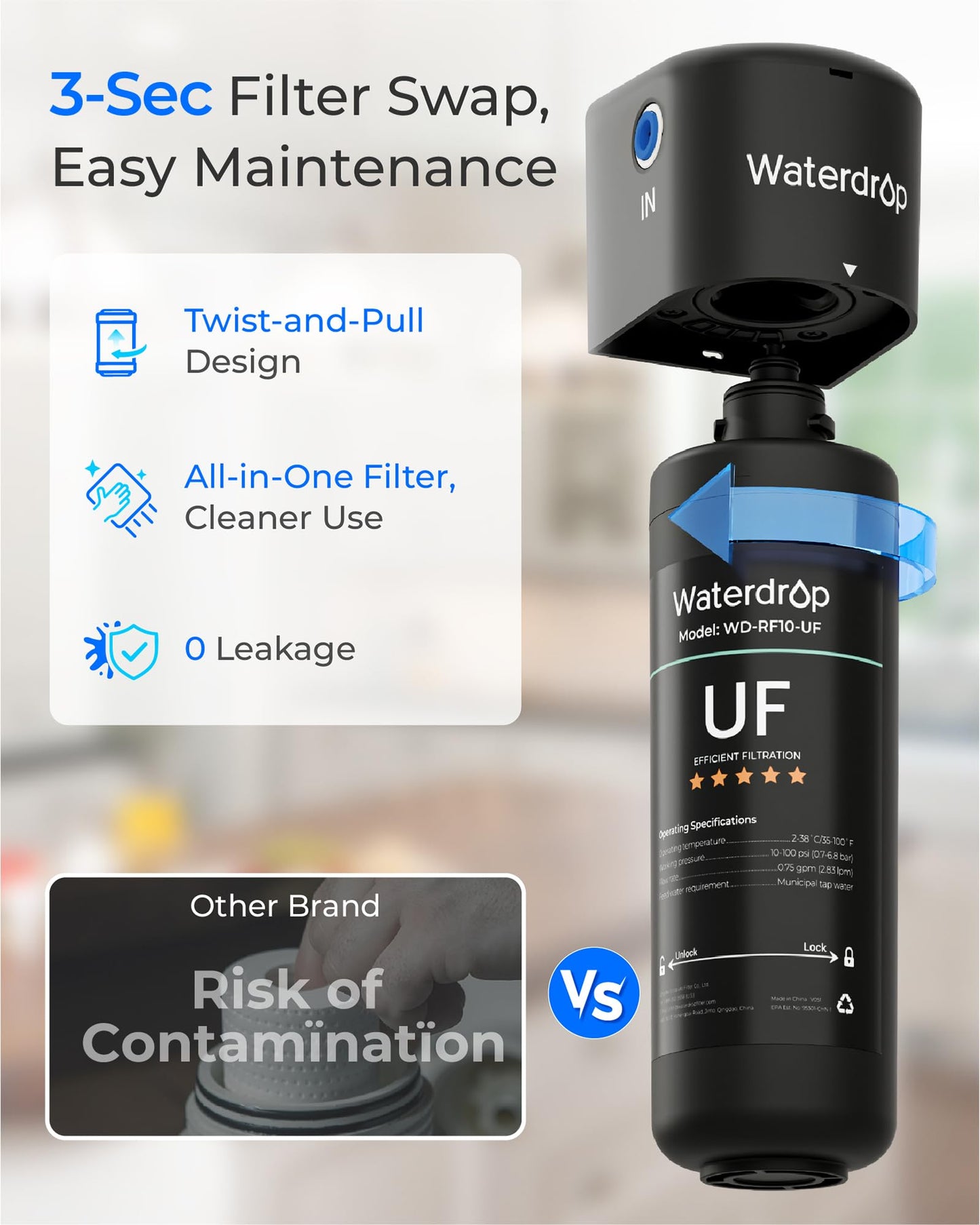Waterdrop RF10-UF 0.01 μm Water Filter Replacement for Waterdrop 10UA/10UA-UF/10UB/10UB-UF Under Sink Water Filter, 1 Year, 1 Pack (Not Compatible with TSA-UF)