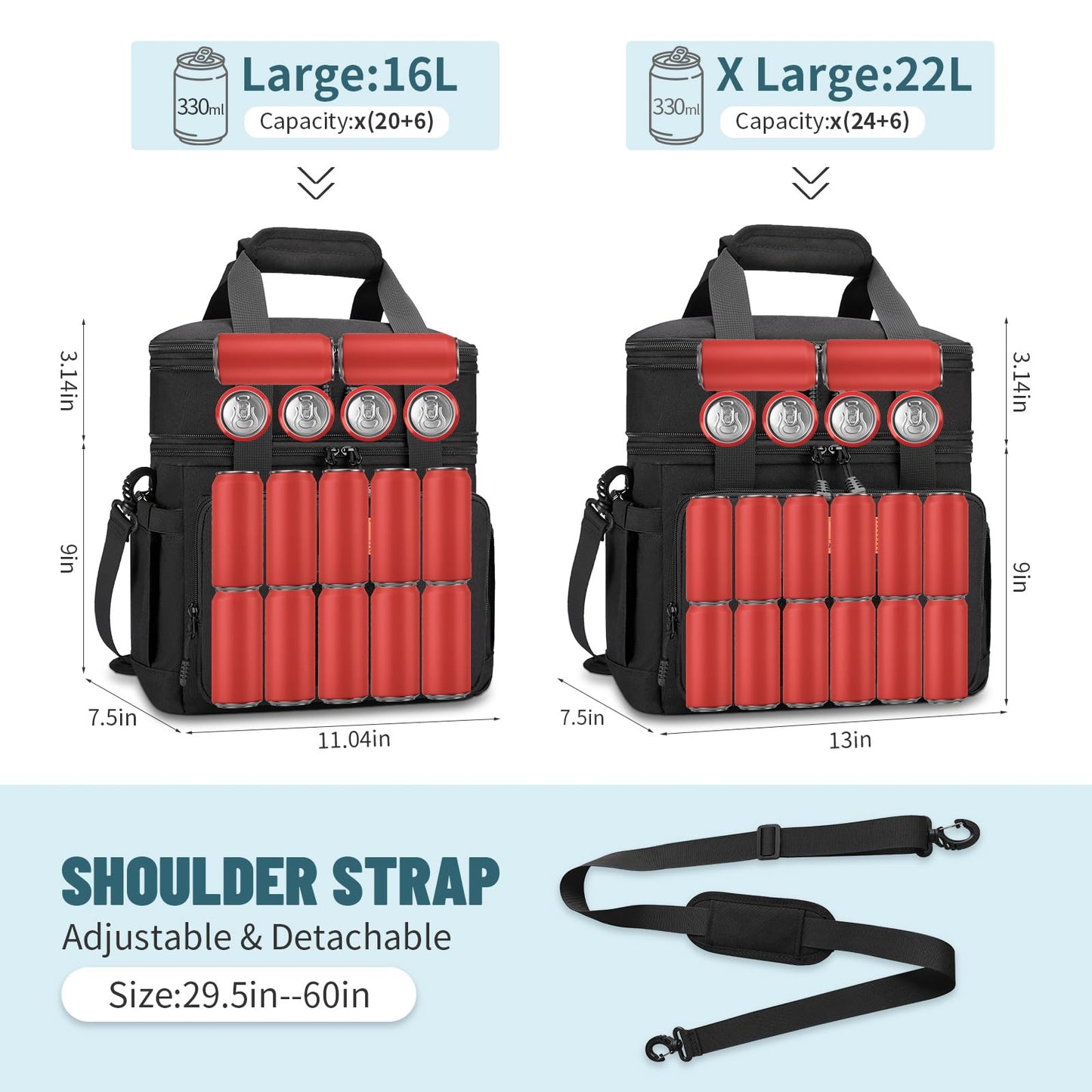 XLarge Expandable Tactical Lunch Box for Adults, Durable Leakproof Insulated Lunch Cooler Bag for Men Work Office Outdoor Picnic Trips Camping, 36 Cans/22 L, Black, HSHRISH