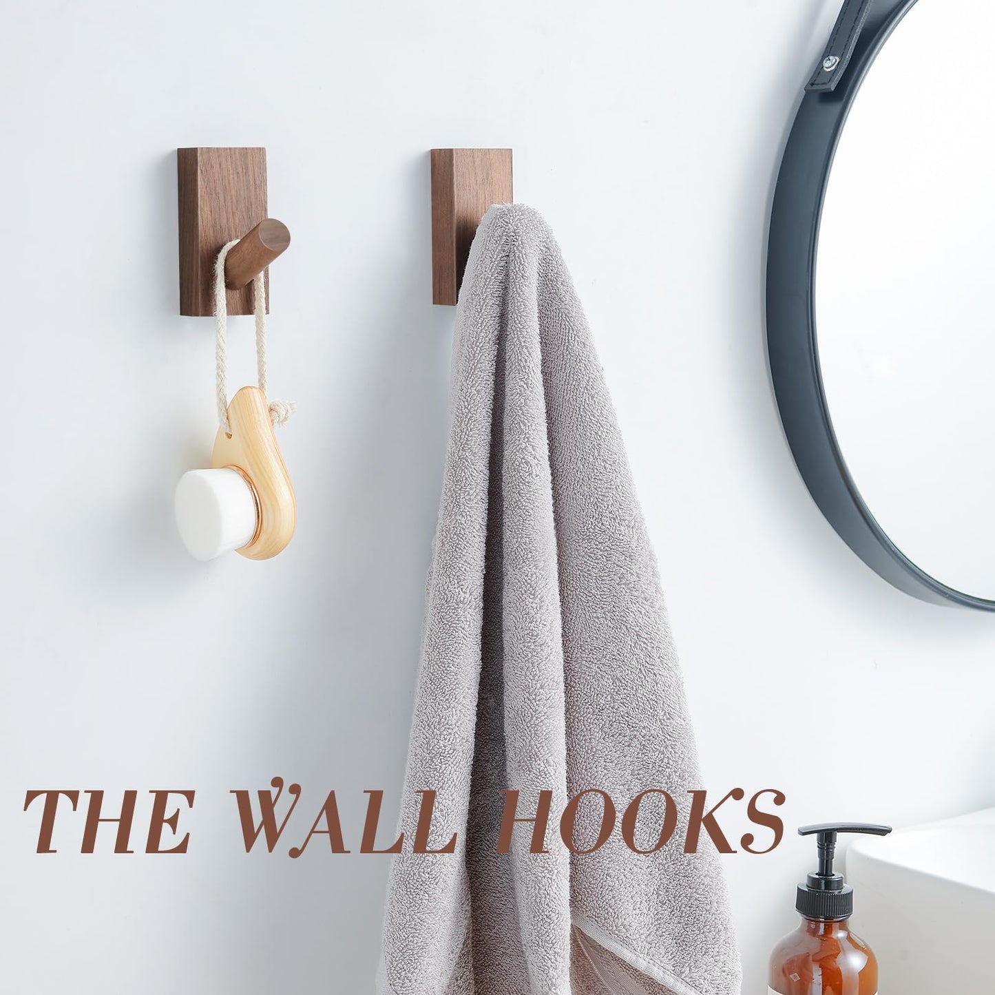 Felidio Natural Wooden Wall Hooks, Adhesive & Screw Mount Coat and Towel Hooks - Decorative Key Holder, Hat Rack, Stocking Wall Hangers for Bathroom Entryway Closet - 6 Pack, Walnut Wood