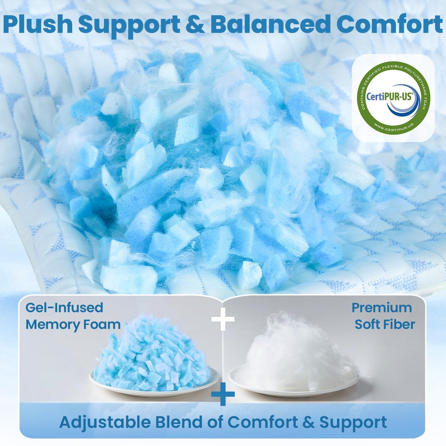 QUTOOL Firm Pillow Shredded Memory Foam, Cooling Pillow for Hot Sleeper, Adjustable Bed Pillow for Side Back Stomach Sleepers, Washable Cover, CertiPUR-US Certified, Standard Size Set of 2