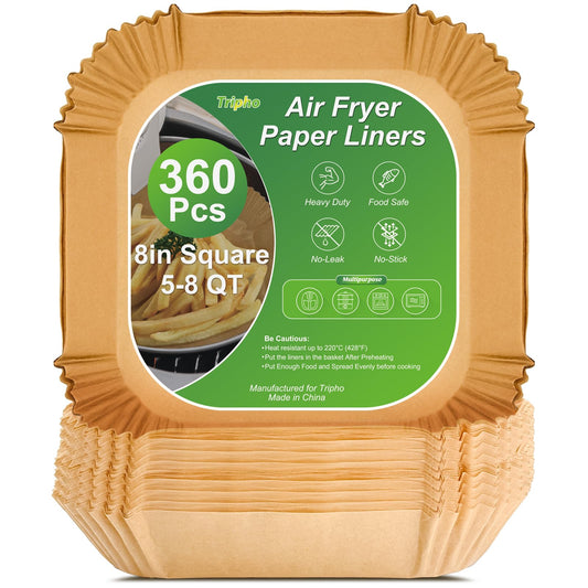 360 Pcs 8” Square Unbleached Heavy Duty Air Fryer Paper Liners Disposable, Non-Stick & Non-Leak Parchment Paper Liners for Airfryer Basket, Deep Fryer Parts & Accessories