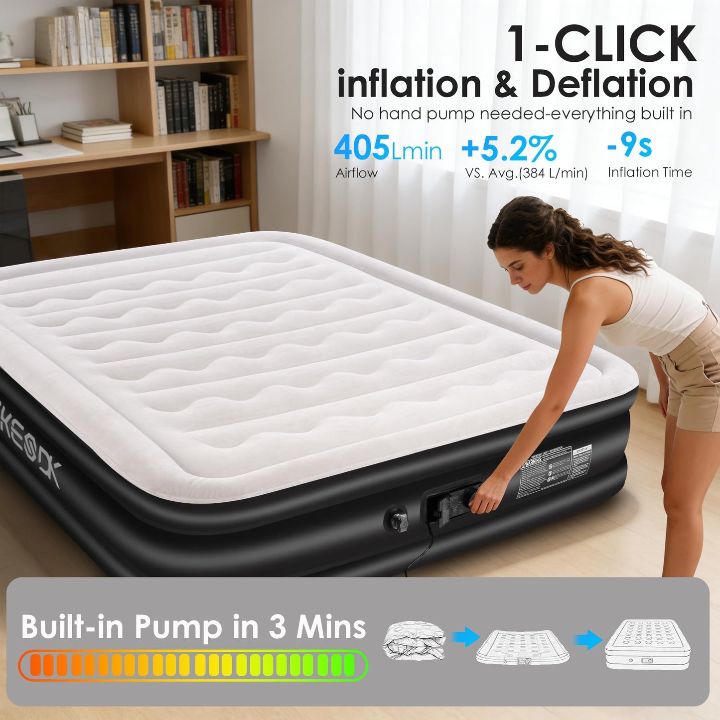 dkesdk Air Mattress Queen with Built in Pump,Comfortable Waterproof Flocked Surface Inflatable Mattress for Temporary Family Stays and Travel,16-Inch Blow Up Mattress Inflates in 3 Minutes