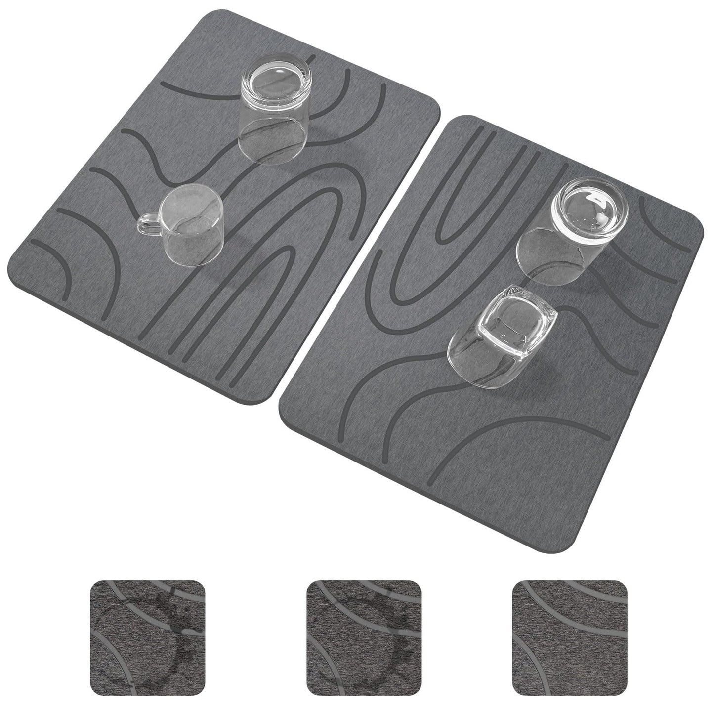 Stone Drying Mat for Kitchen Counter,2 Pack 16''x12'' Quick Dish Drying Stone Mat Kitchen,Double-sided Diatomaceous Earth Stone Drying Mat,No Moisture Residue, Stone Dish Drying Mat (Curved Stripes)