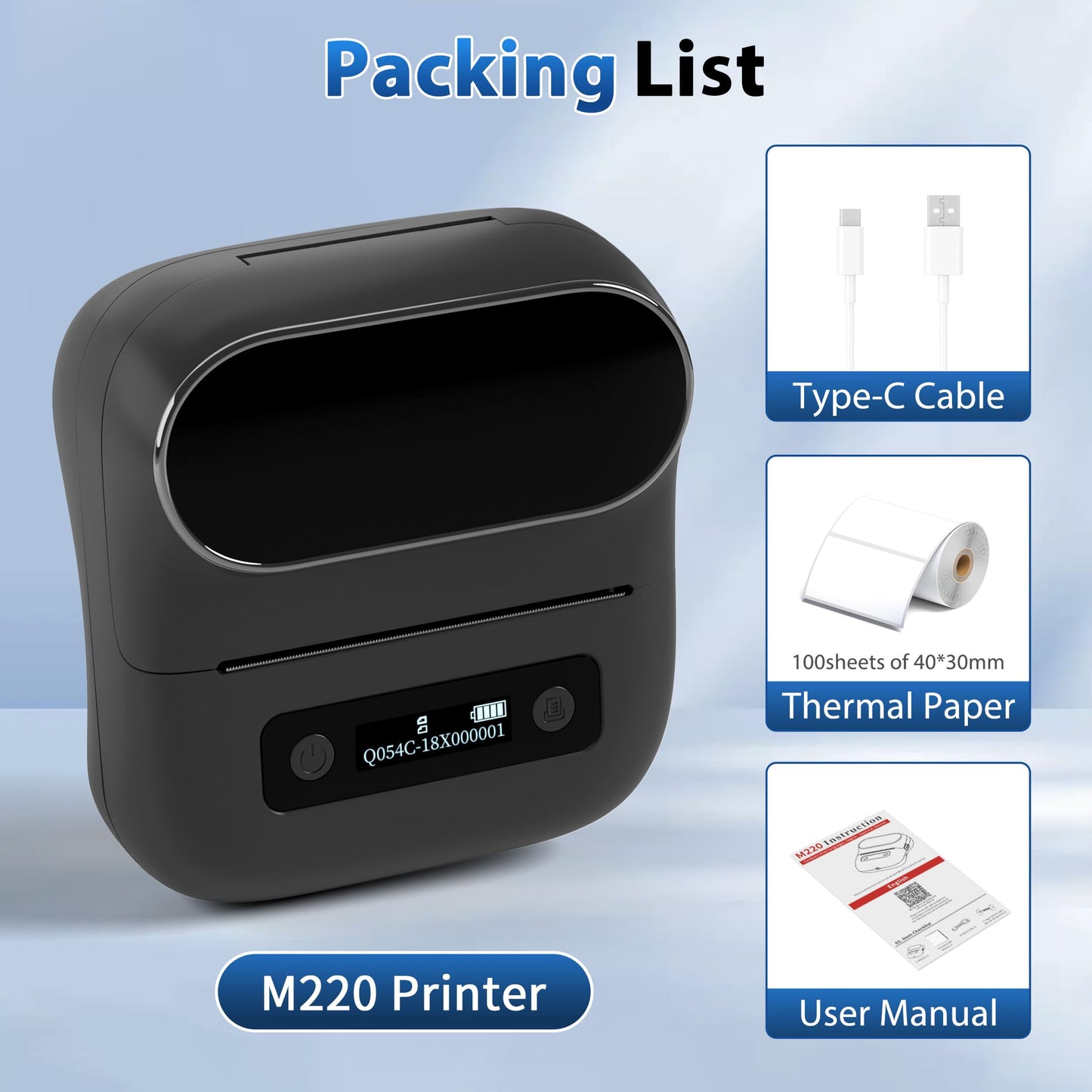 ItriAce M220 Wireless Label Maker Portable Address Printer for 0.78 to 3.14 Inch Labels, for Home Office and Small Business Organization, Compatible with iPhone Android and PC, with 40x30mm Label