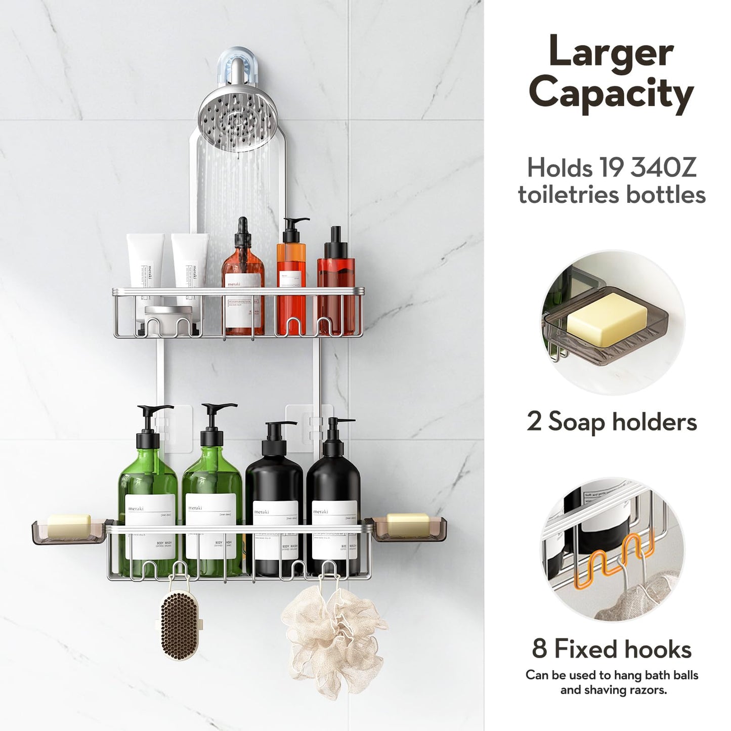 VALORDINE Shower Caddy Hanging, Never Rust Shower Organizer Hanging, Aluminum Shower Racks for Inside Shower with Hooks for Razor, Bathroom Organizers and Storage with Soap Holder, Bright Silver