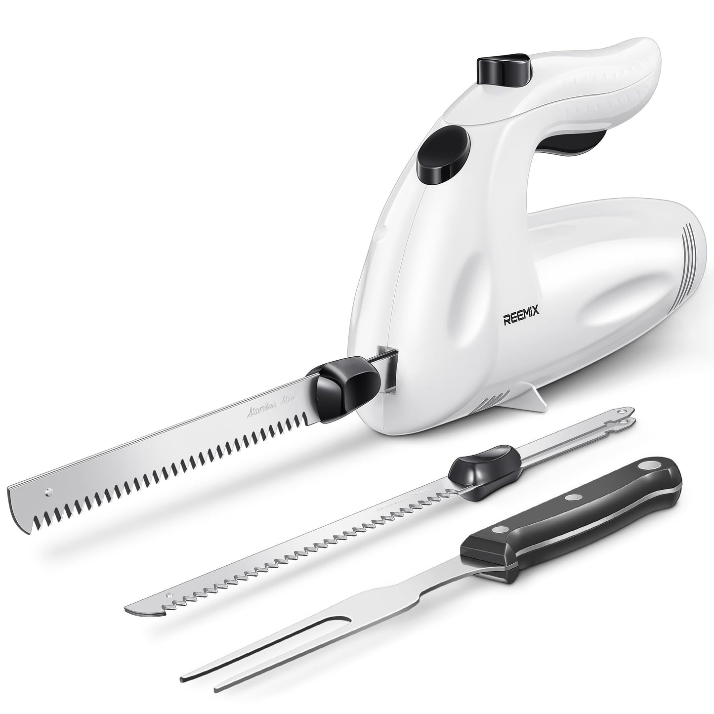 Reemix Electric Knife With Handle, 150W Powerful Electric Knife Set for Carving Meats, Poultry, Bread, Serving Fork and 2 Carving Blades Included (White with Handle)