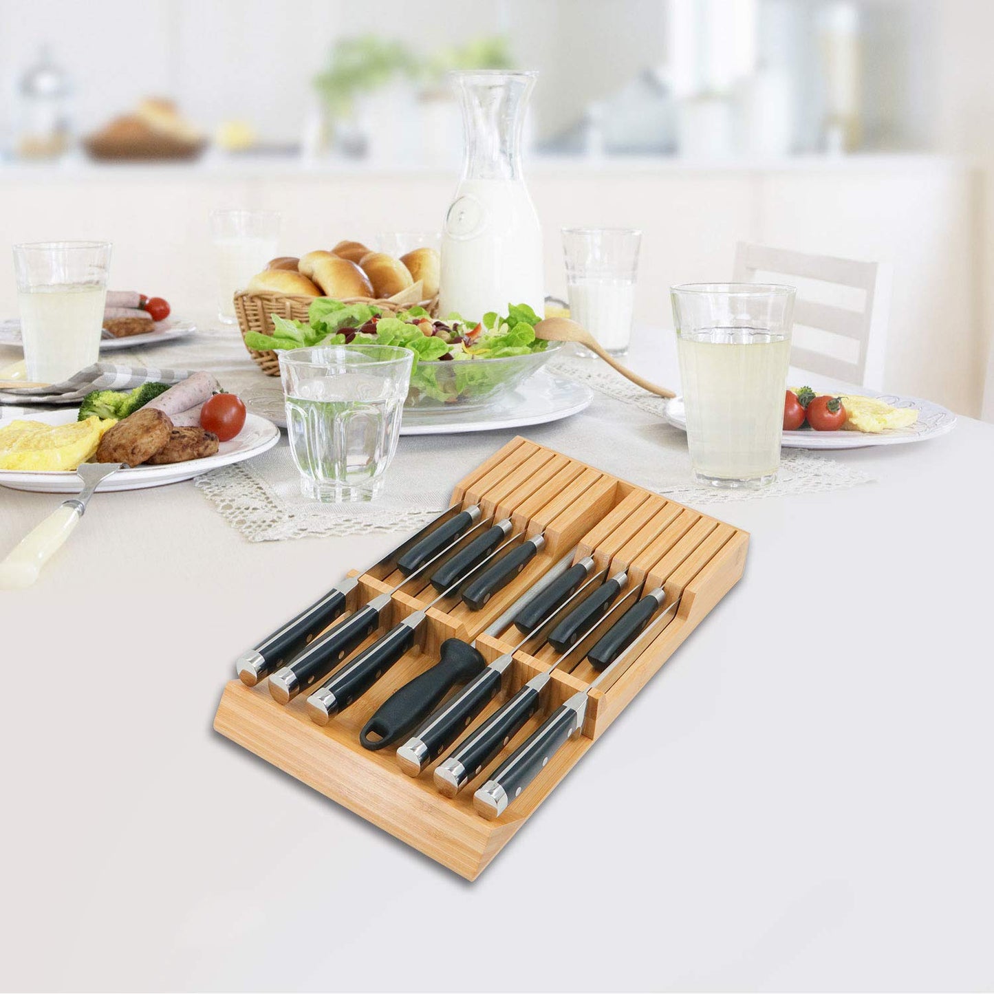 Utoplike in-Drawer Knife Block Bamboo Kitchen Knife Drawer Organizer, Handle Steak Knife Holder Without Knife, Fit for 12 Knives and 1 Sharpening Steel (Knives Not Included)