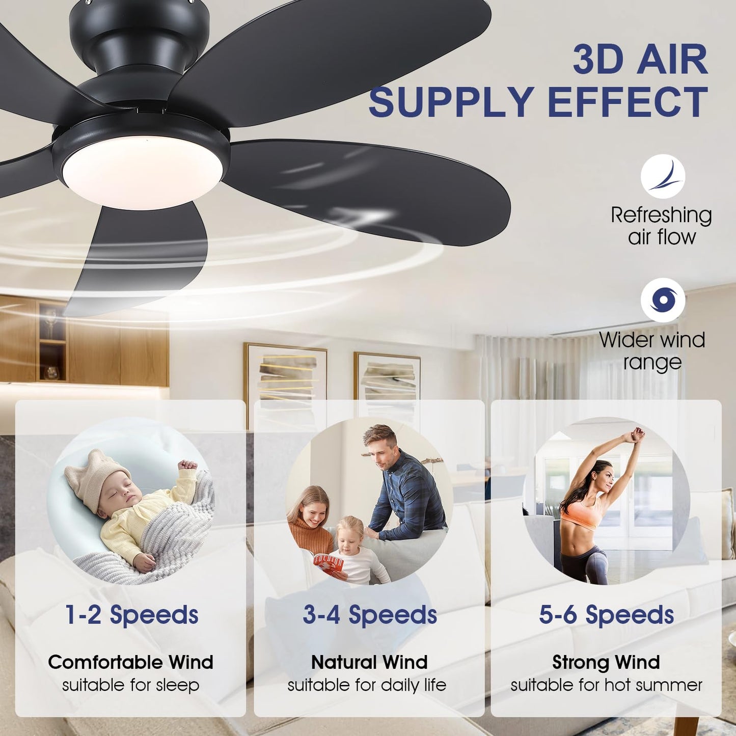 PHORUS 42" Black Low Profile Ceiling Fans with Lights and Remote,Small Flush Mount Ceiling Fans with Quiet Reversible DC Motor, Dimmable 3 CCT