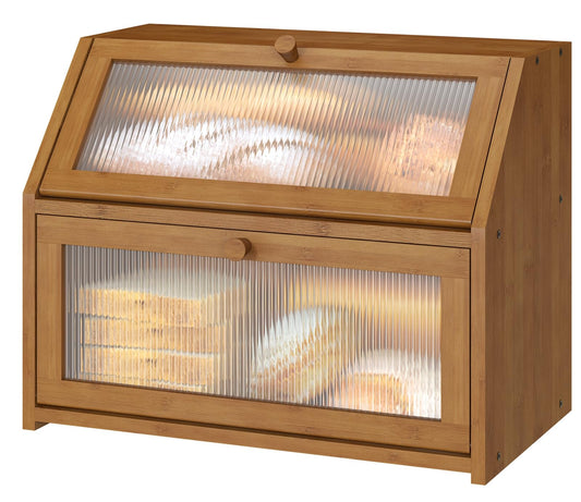 Vriccc Bread Box for Kitchen Counter, Large Bamboo Wood Double Layer Bread Box, Wooden Bread Storage Capacity