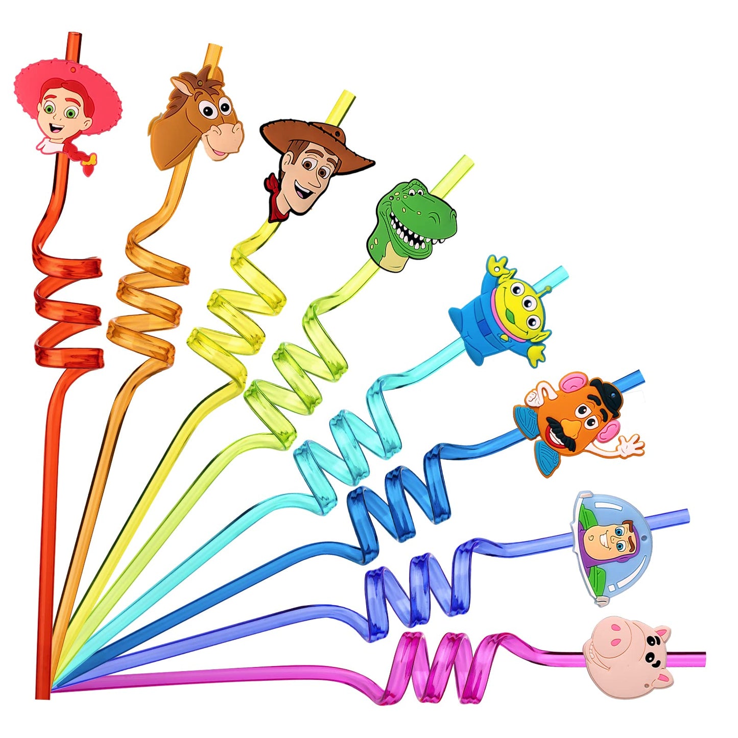 24Pcs Toy Inspired Story Birthday Party Supplies Reusable Drinking Straws,8 Designs Toy Themed Story Party Favors with 2 Cleaning Brushes