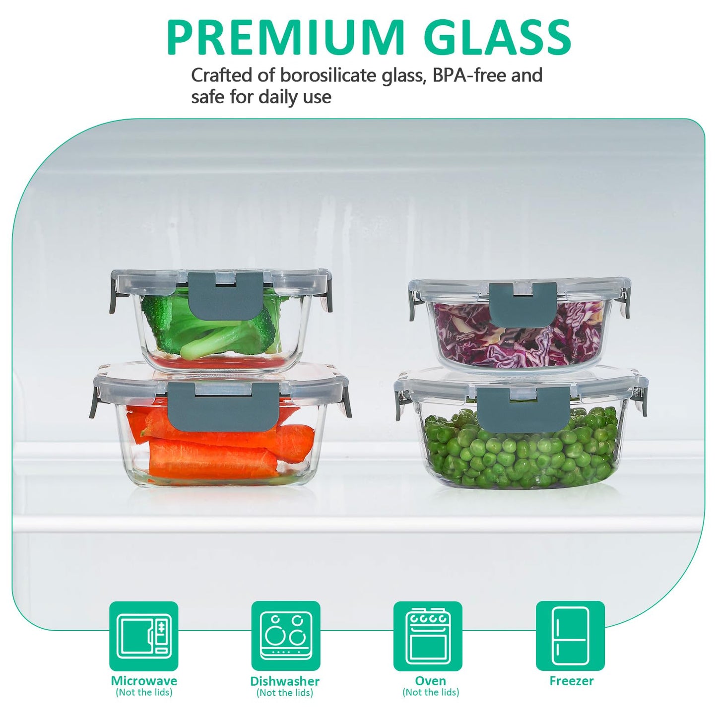 KOMUEE 24 Pieces Glass Food Storage Containers Set, Meal Prep Containers, BPA-Free Airtight Glass Storage Containers with lids,Freezer, Microwave and Oven Safe,Gray