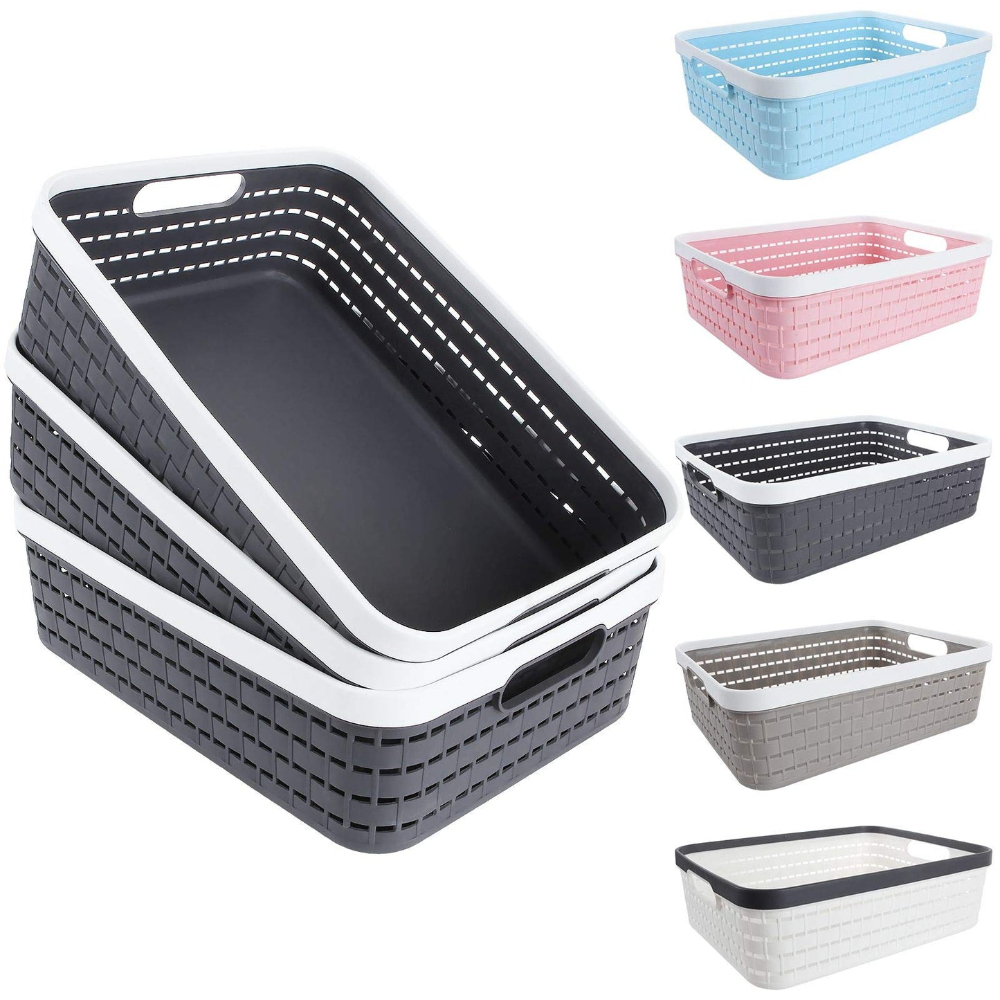 CertBuy 3 Pack Plastic Storage Baskets 14 x 10 x 4.5 Inch, Large Weave Storage Bins with Handle for Cabinet, Shelf, Kitchen, Bedroom, Bathroom and office – Dark Grey