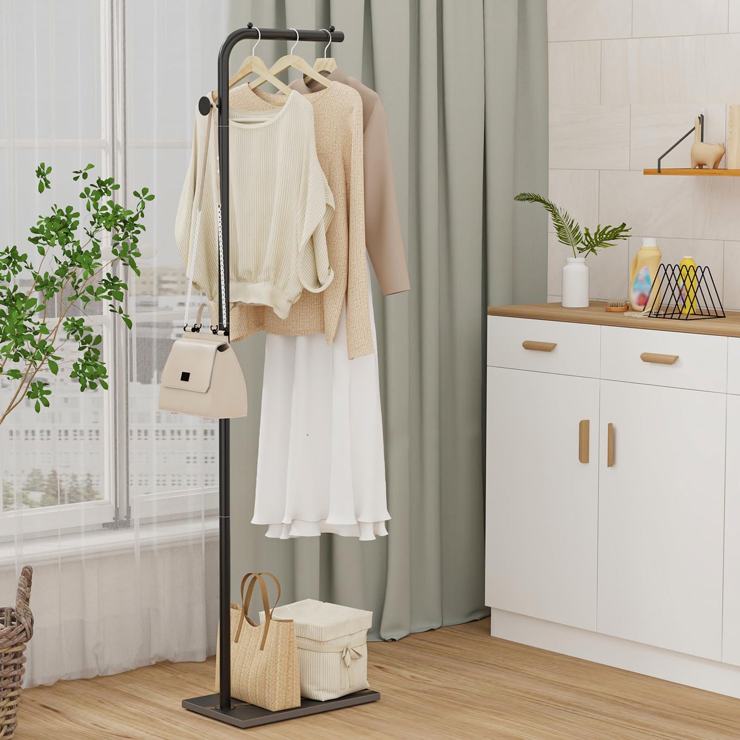 OUTBROS Coat Rack, Portable L-shaped Clothes Rack with Hook, Modern Hanger, Sturdy Freestanding Metal Clothing Rack, Used in Bedroom, Entrance and Living Room, 15.3x10.2x70.8 inch, Black