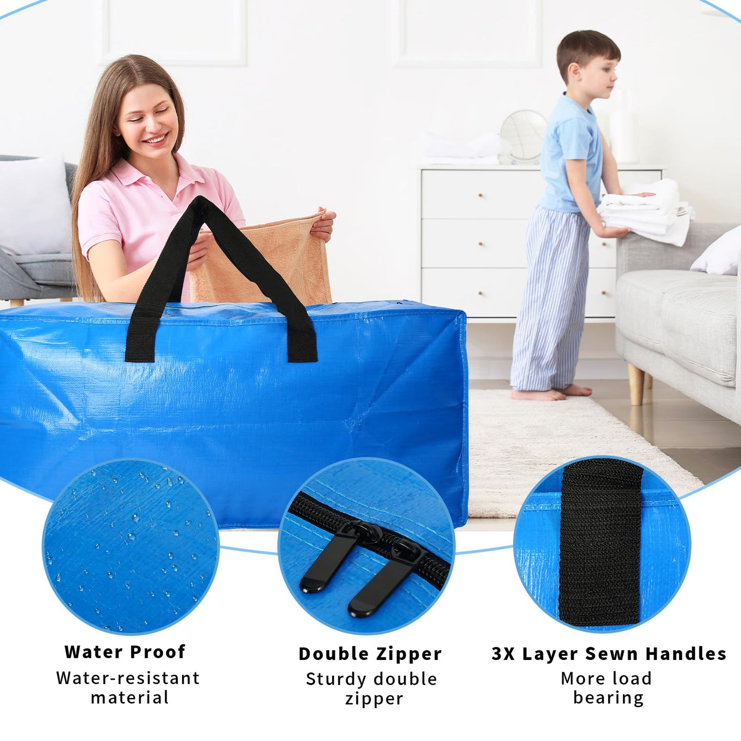 8 Pack Heavy Duty Extra Large Moving Bags Storage Tote - Strong Handles& Backpack Straps - Space Saving Storage Bags Alternative to Moving Boxes and Bins,Compatible with Ikea Frakta Cart, Blue