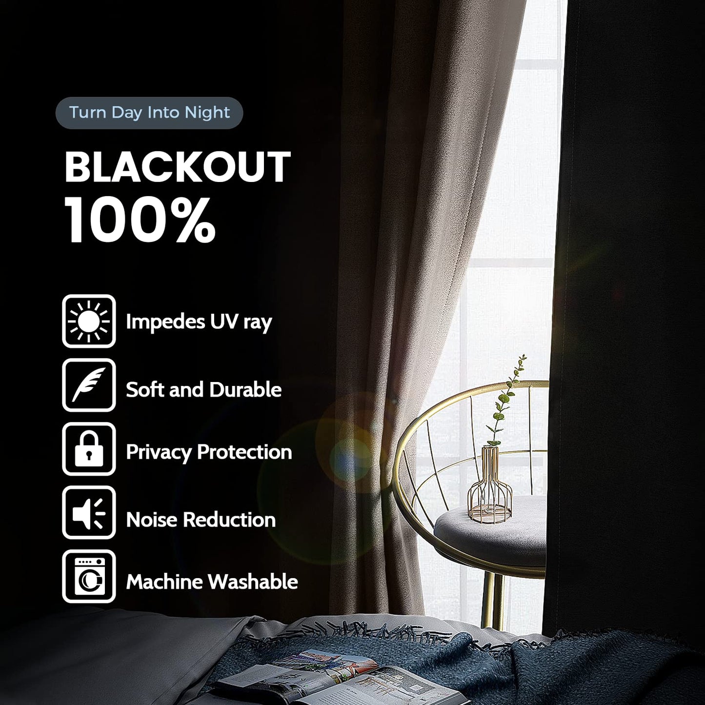 SimpleHome 100% Blackout Curtains for Bedroom,Thermal Insulated Cream Grommet Window Drapes Room Darkening Curtains for Living Room with Black Back,62 x 84 Inch,2 Panels