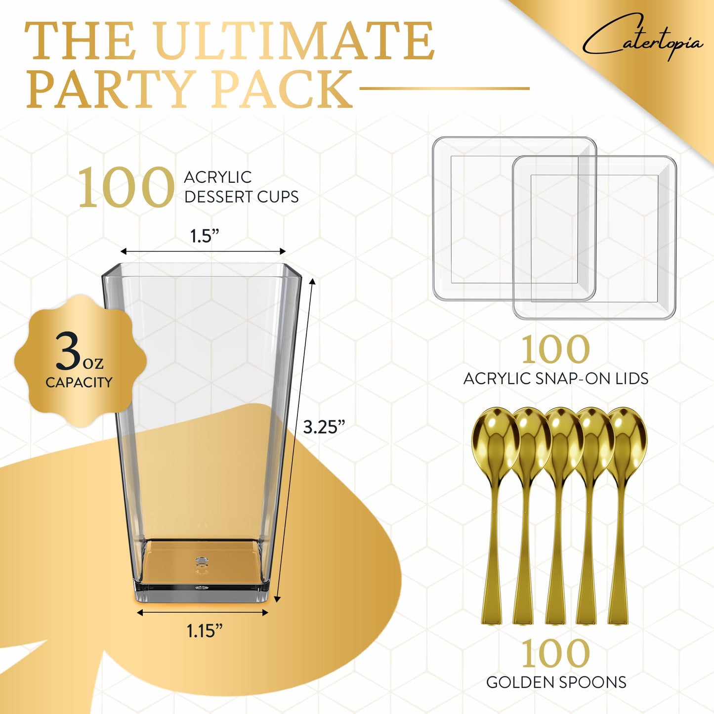 100 Pack 3 oz Mini Dessert Cups with Lids and Spoons (Gold Spoons) - Plastic Shooter Appetizer Parfait Cups with Lids Reusable - BPA Free Catering Supplies for Party - Dessert Serving Bowls