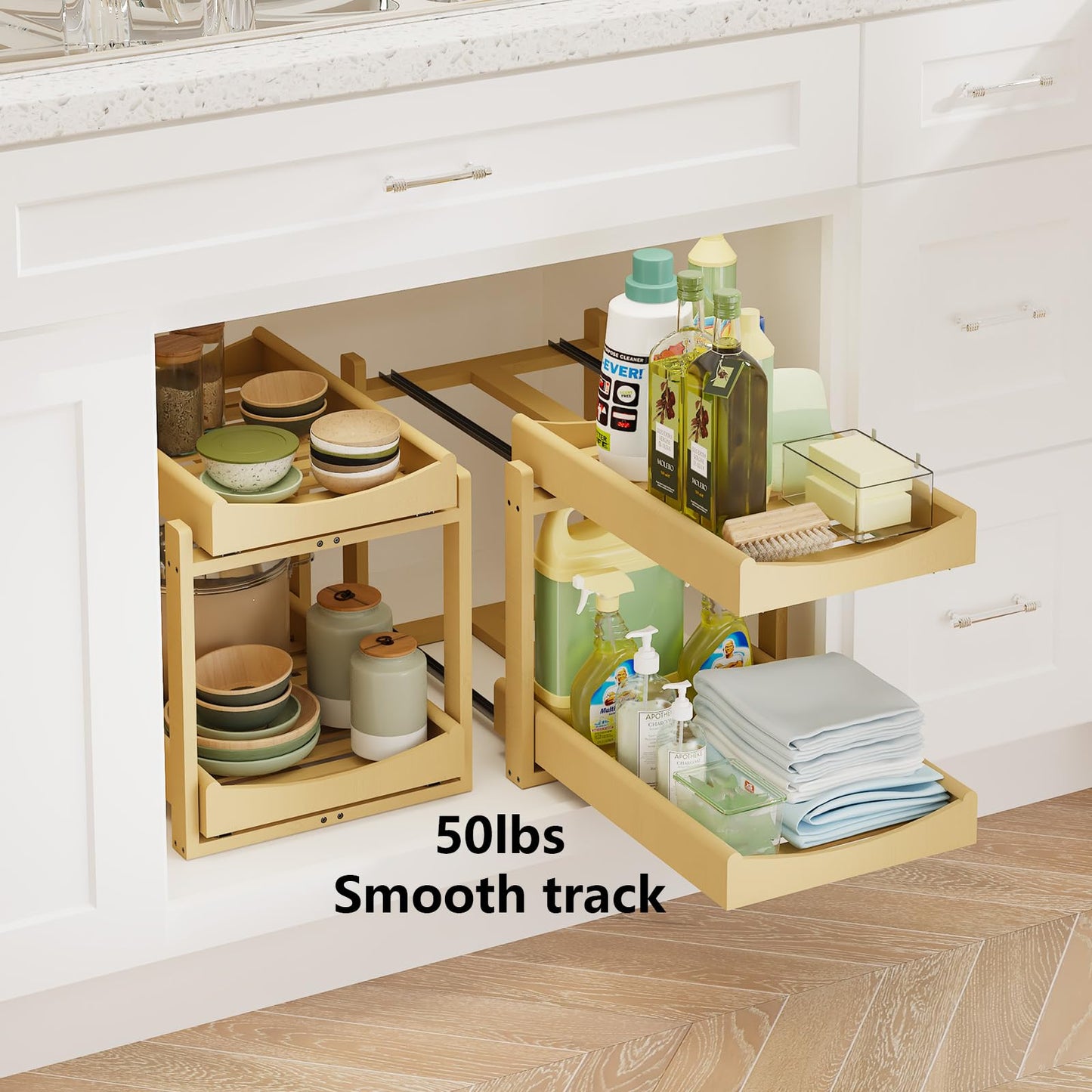 Bamboo Under Sink Organizer Adjustable Height 2 Tier Bathroom Organizer Pull Out Cabinet Storage Kitchen Heave Duty Wood Slide Ou Shelf for Kitchen Bathroom (Black, 2 Packs) (Nature, 2 Packs)
