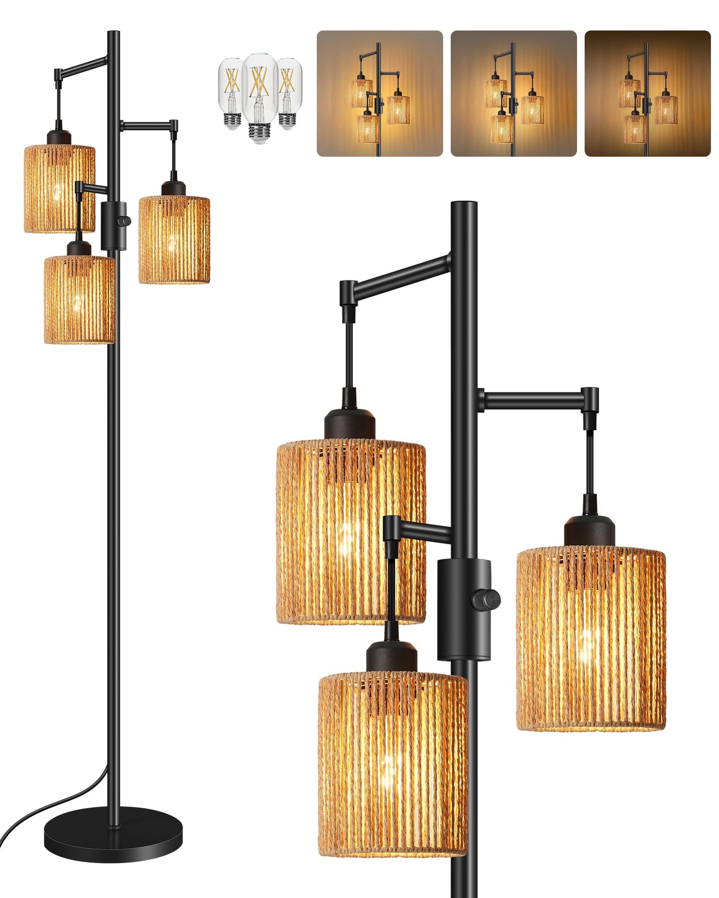 GOEBLESON Dimmable Floor Lamp, Farmhouse Tall Standing 70.3" Tree Lamp with 3 Rope Woven Lampshades, Boho Rattan Floor Lights, 4W 3 LED Bulbs Included, for Living Room, Bedroom, Study, Office AB03LD05
