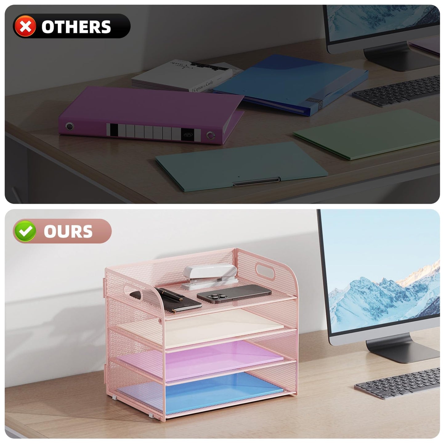 Marbrasse 2 Pack 4 Tier Paper Organizer Letter Tray - Mesh Desk File Organizer with Handle, Paper Sorter Organizer for Letter/A4 Office File Folder Holder (Pink, 12.6" x 9.1" x 10.7")