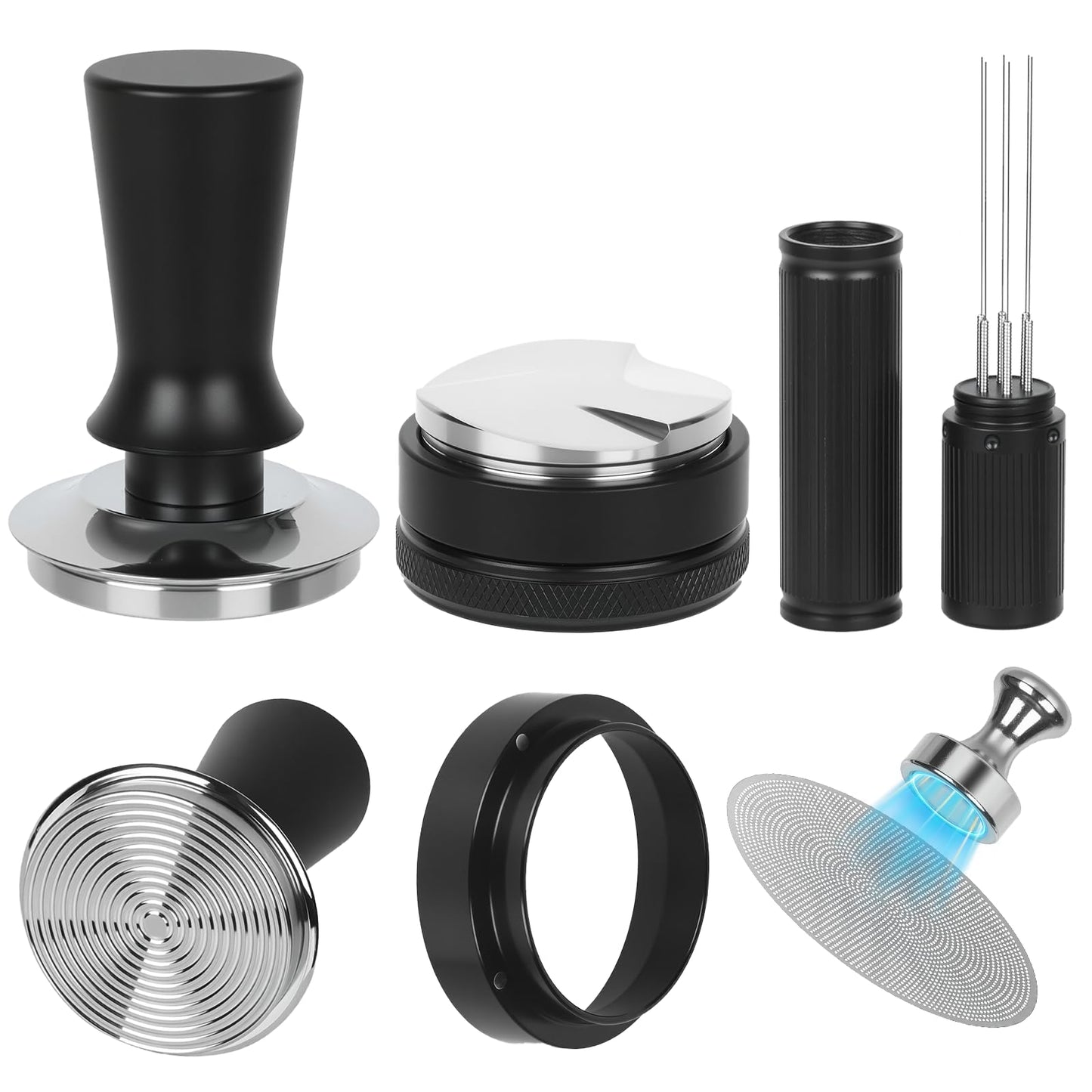 58mm Espresso Accessories Kit – Spring-Loaded Espresso Tamper, WDT Tool, Coffee Distributor, Magnetic Dosing Funnel, Puck Screen with Remover – Premium Stainless Steel & Aluminum Espresso Tools