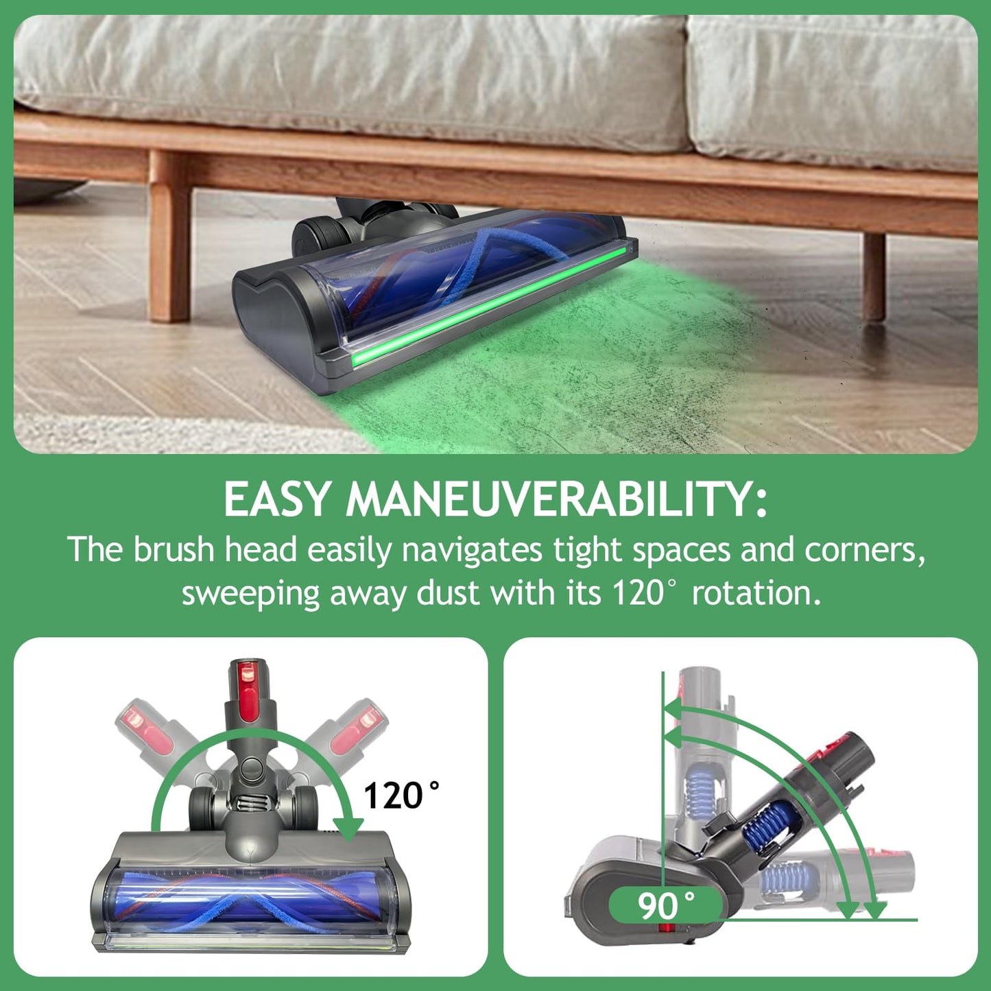 Vacuum Head Hardwood Floor Attachment for Dyson V7 V8 V10 V11 V15 G5 V8 slim Vacuum Cleaner, Replacement Cleaner Head Full-Area LED Green Light, Quick-Release Design Hard Floors Short Pile Carpets