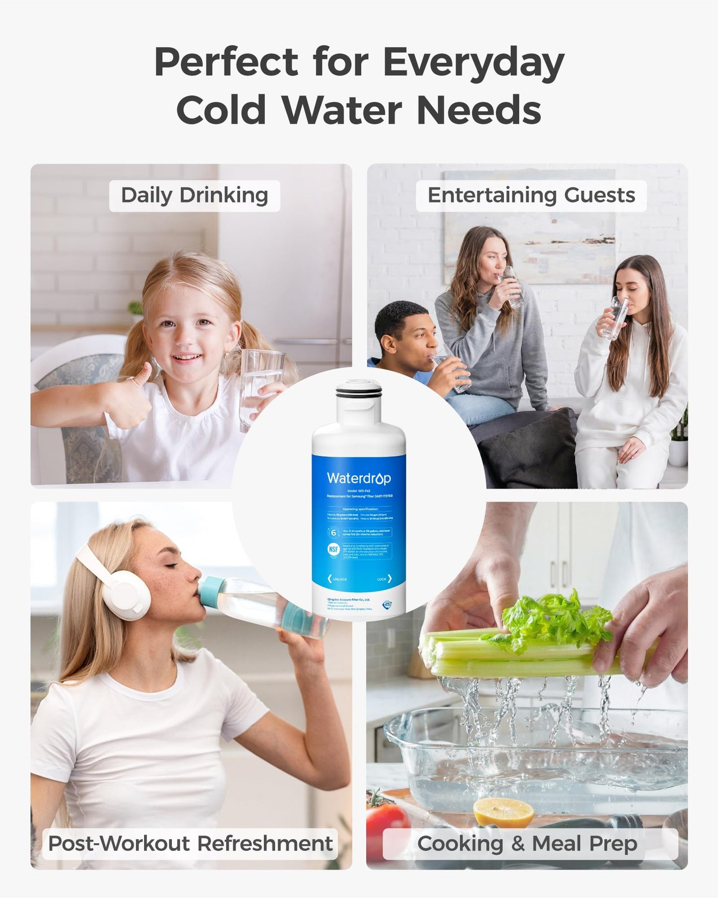 Waterdrop WD-F45 Replacement for Samsung® DA97-17376B, HAF-QIN/EXP, DA97-08006C, RF28R7201SR, RF28R7351SG, Refrigerator Water Filter, 4 Filters