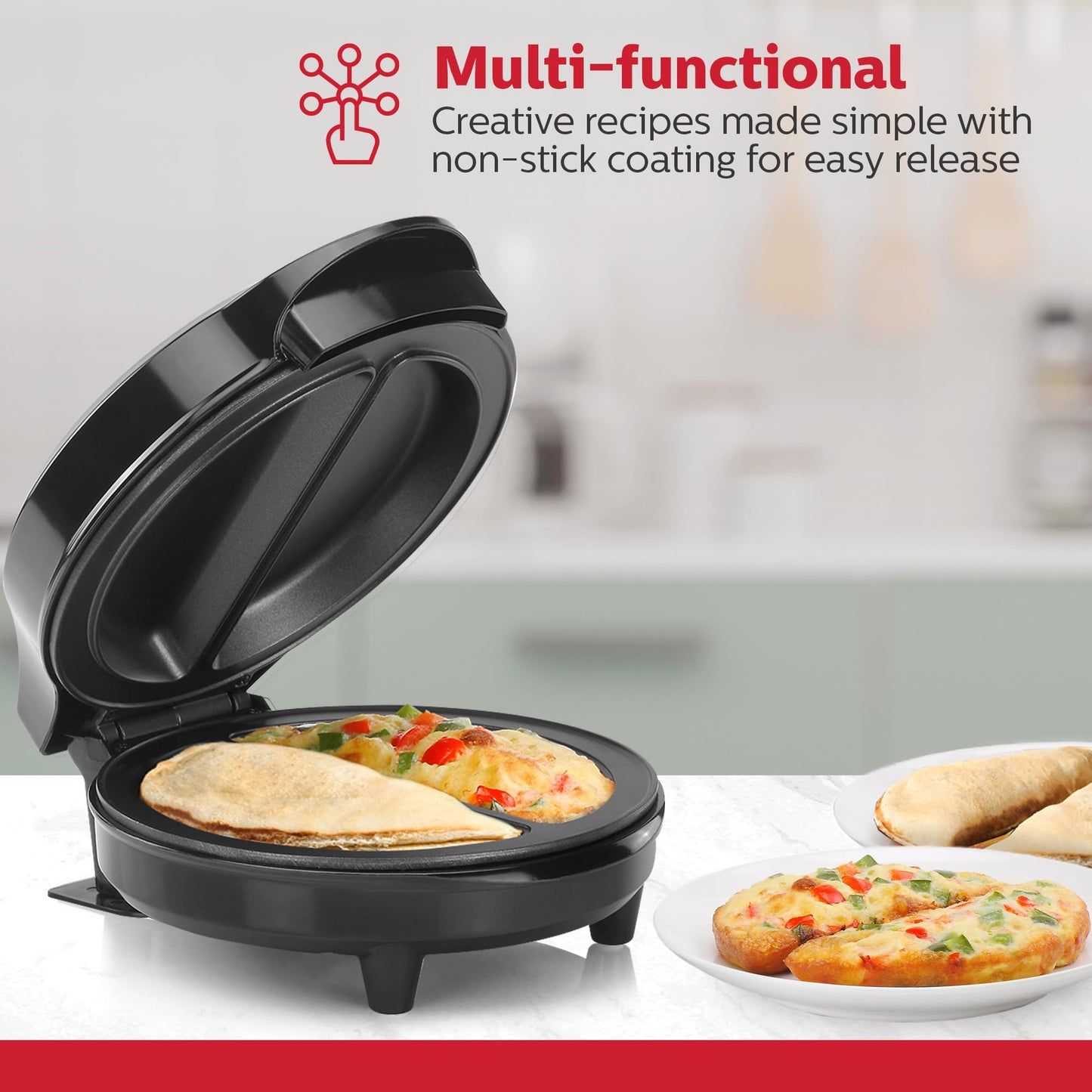 Holstein Housewares Stainless Steel 2 Section Omelet & Frittata Maker, Non Stick Coating, Easy To Clean, Indicator Lights, Compact Storage, Prepare Versatile Recipes in Minutes. 2 Portions, Black