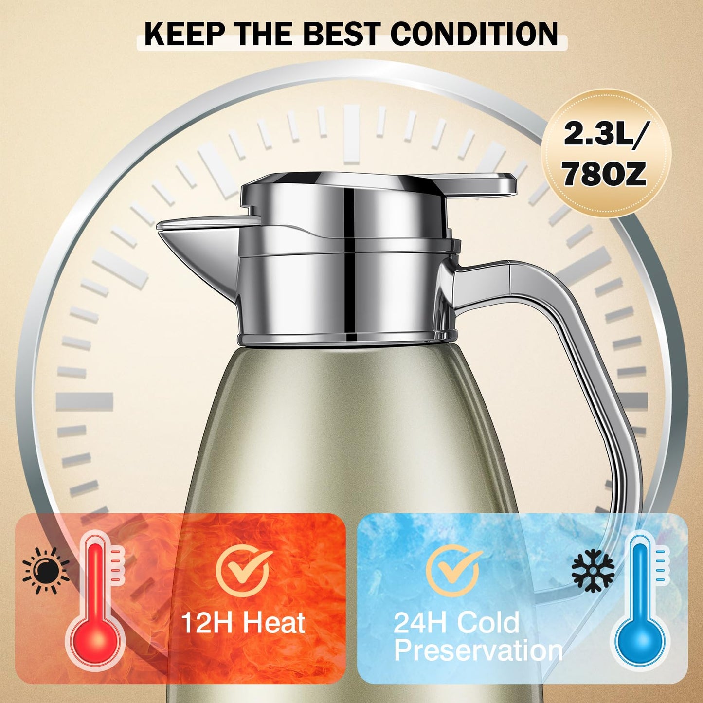 Tioncy 2 Pcs Thermal Coffee 78oz Insulated Carafe Hot Water Dispenser Stainless Steel Carafe for Liquid Coffee Tea Milk with 2 Brushes Keep 12 Hours Hot 24 Hours Cold(Gold)