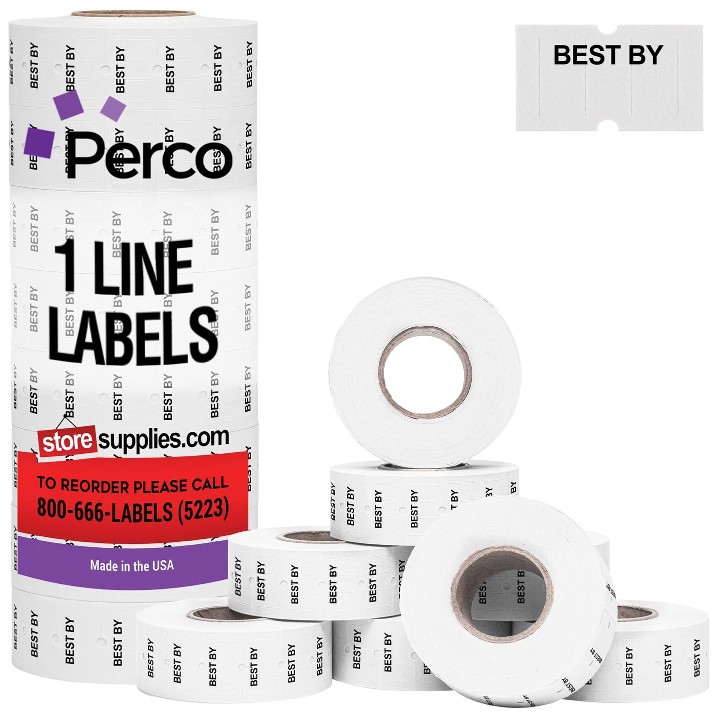 Perco 1 Line Best BY Labels - 8,000 "Best BY Labels for Perco Lite, X, Plus and Pro 1 Line Date Guns - 8 Rolls, 1 Sleeve - Made in USA