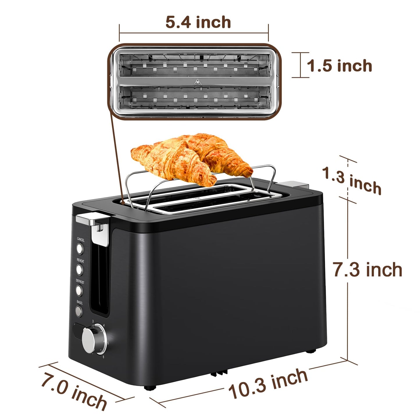 Mecity Toaster 2 Slice Stainless Steel Body, Timer, Bagel, Defrost, Reheat, Cancel Functions, Warming Rack, Removable Tray, 6 Browning Settings, Extra Wide Slots, Bread Toaster, 120V 800W Black