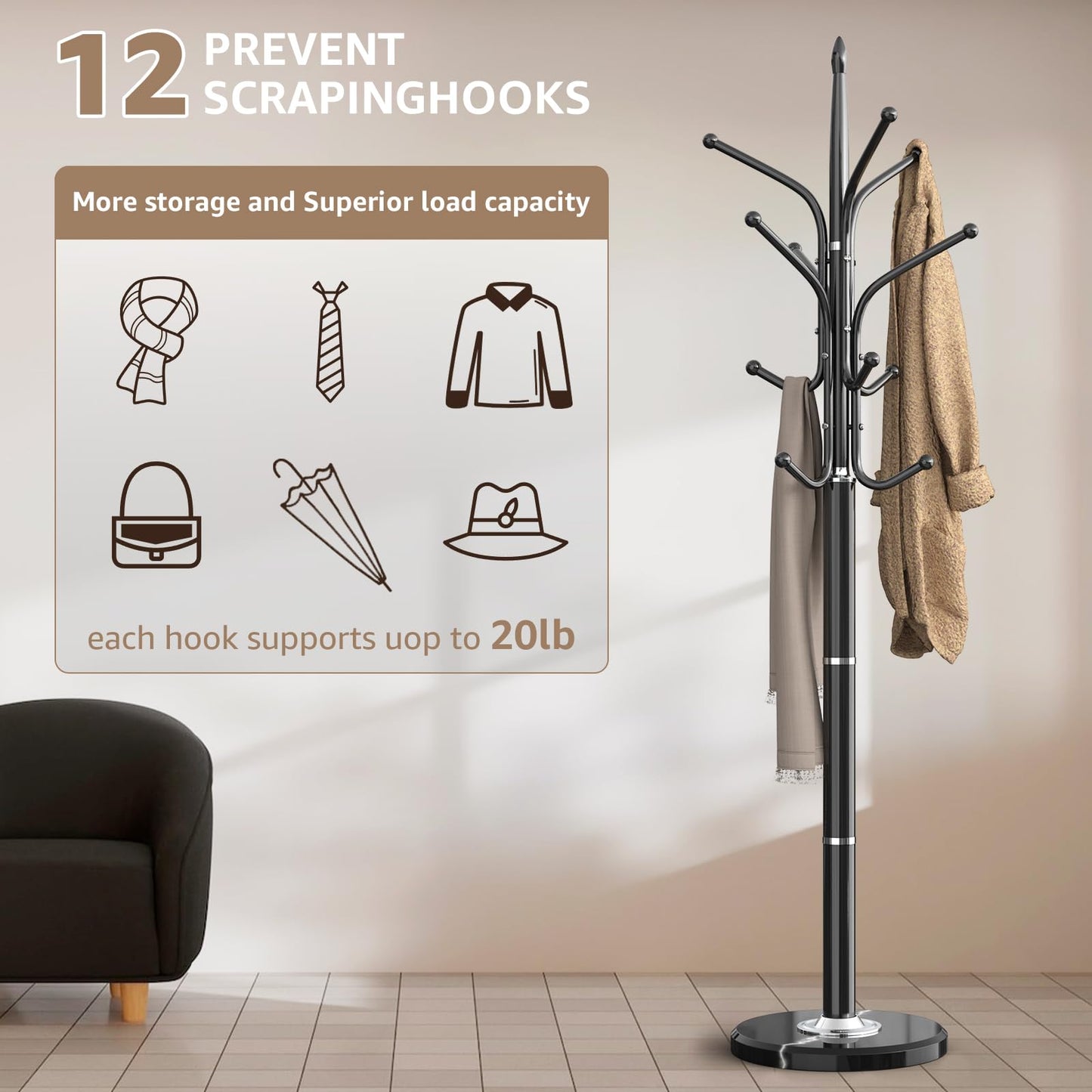 HzTinT Heavy Duty Coat Rack with Marble Base, Freestanding Hall Coat Tree with 12 Hooks and 3 Adjustable Sizes, Metal Coat Rack Stand for Entryway, Bedroom, Office Hanging Purses, Coats, Scarves, Hats