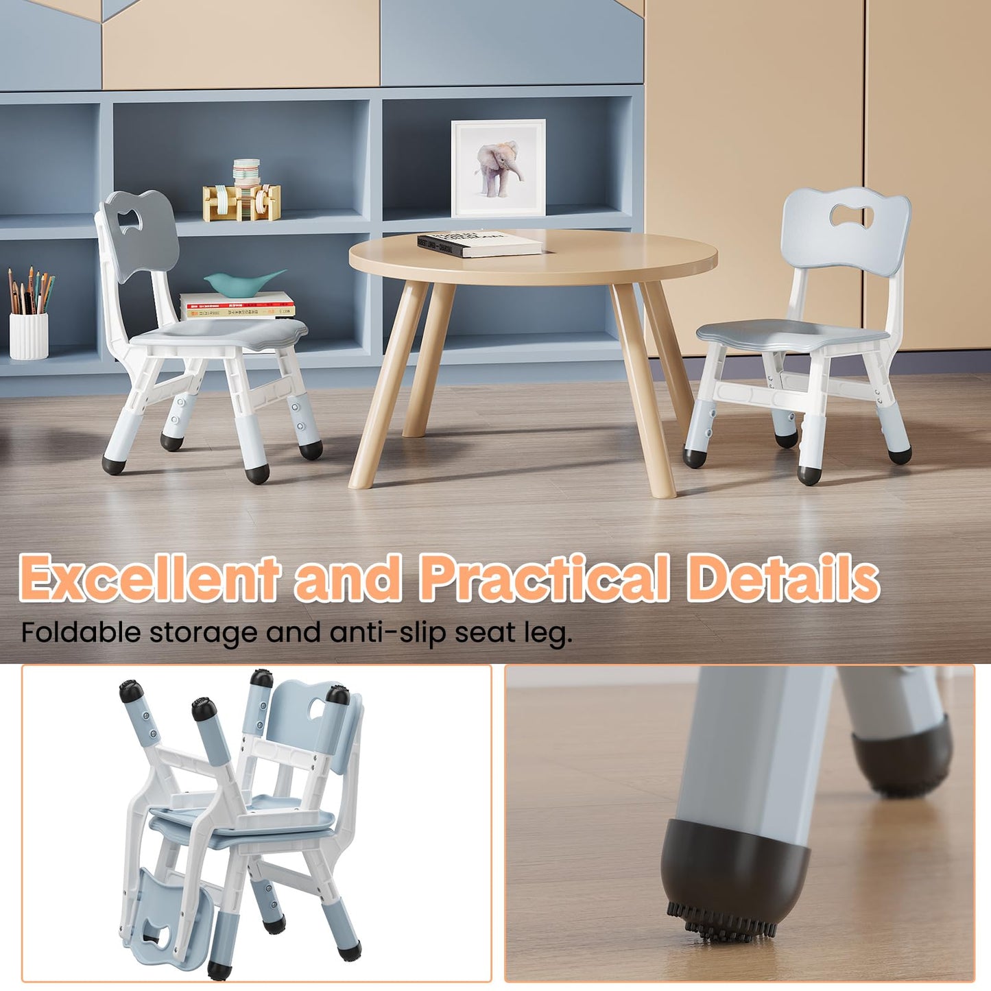 BouPower 2-Pack Adjustable Kids Chairs, 3-Level Height Plastic Toddler Chair with Non-Slip Base & Stackable Design, for Home School Classroom Daycare Indoor Outdoor Use, Ages 2-8, Grey