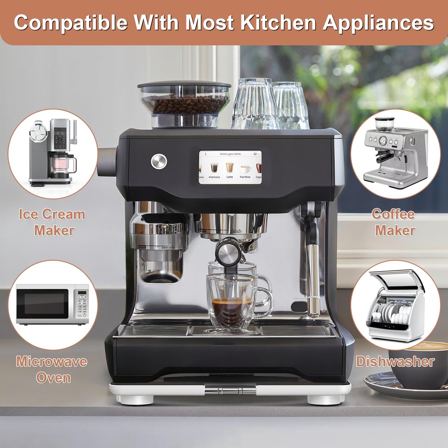 Adjustable Appliance Slider Tray - Expandable 6" x 11"- 11" x 20" Sliding Tray for Kitchen Appliances - 360° Countertop Rolling Tray with Locking Brakes for Coffee Makers Mixers