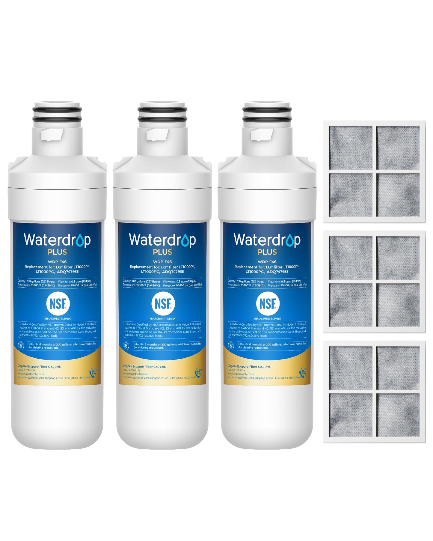 Waterdrop Plus LT1000PC ADQ747935 NSF 401 Refrigerator Water Filter and Air Filter, Reduce PFAS, Replacement for LG® LT1000P®, LRFWS2906V, LRMVS3006S, LMWS27626 and LT120F®, 3 Combo