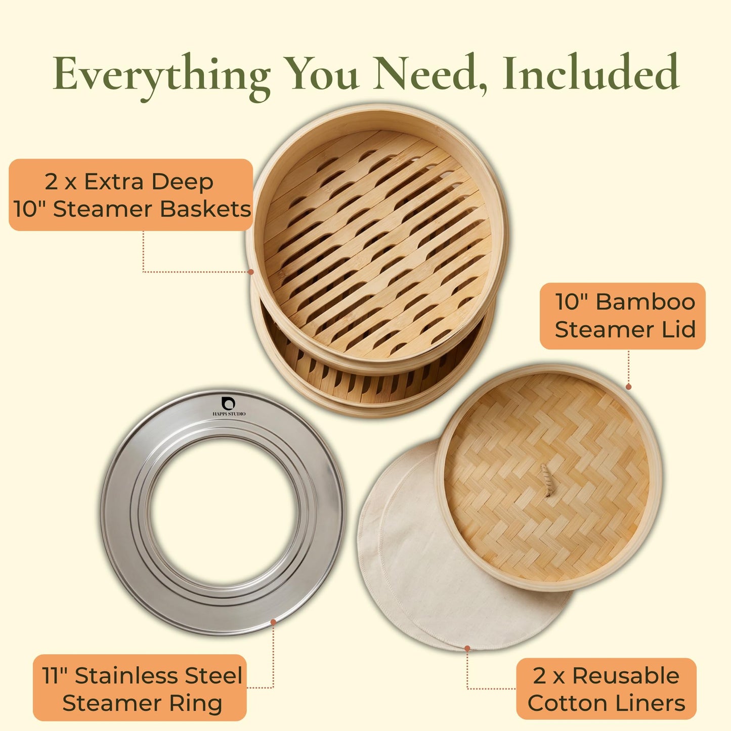 HAPPI STUDIO Bamboo Steamer Basket Set - 10 Inch Large Dumpling 2 Tier for Pots - Asian Cooking Dim Sum Bao Buns Momo Rice - Natural Chinese Steam Baskets Kit with Stainless Steel Ring (10-inch Extra Deep Bamboo Steamer w/ Ring)