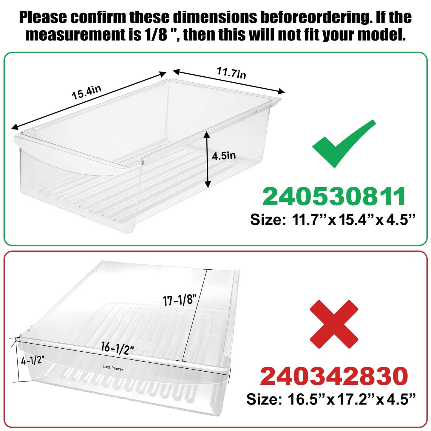 240530811 Refrigerator Drawer 15.4Width x 11.7Depth Replaces AP3960009, 240530813, 1194815, 240354201 Meat Pan Crisper Bin Compatible with Frigidaire (Not the larger part:240342830 16.5"x17.2")