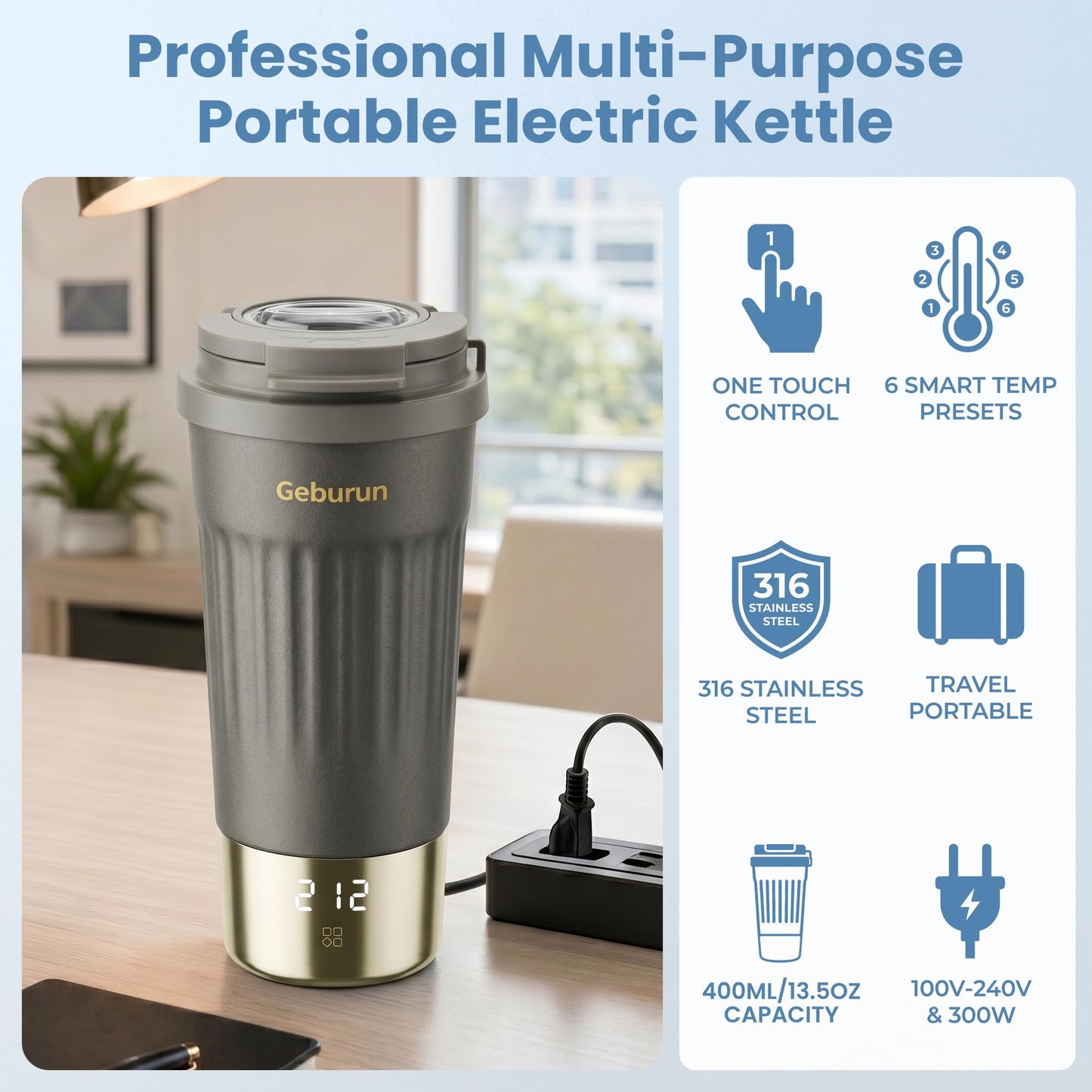 Travel Electric Kettle Portable Water Boiler, 400ml Small Tea Maker with 6 Temp Settings LCD Display, 316 Stainless Steel Vacuum Insulated Tumbler, 100V-240V, Travel Gifts for Men Women(Titanium Gray)