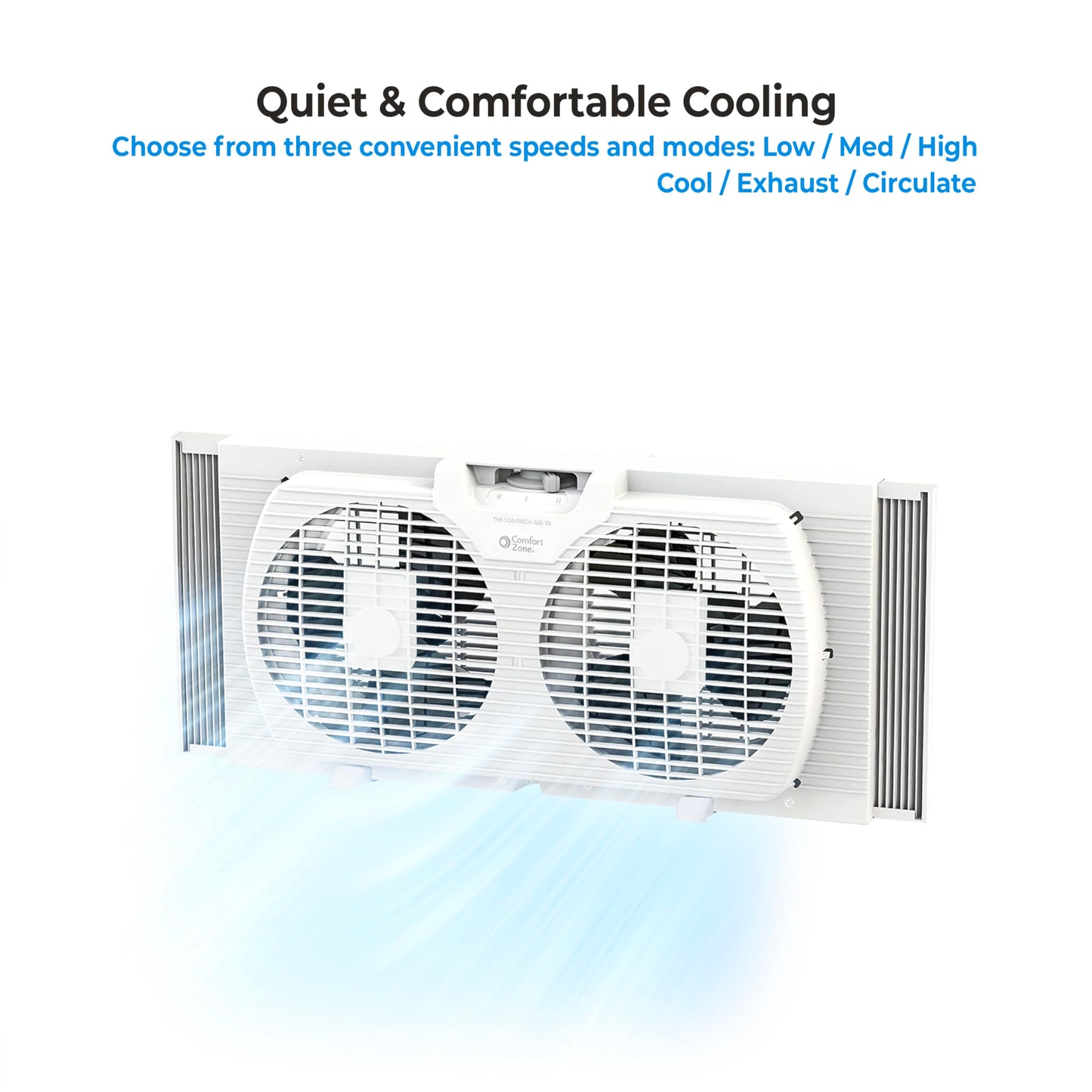 Comfort Zone Twin Window Fan with Reversible Airflow Control, 9 inch, Auto-Locking Expanders, 2 Speed Fan, Dual Fan, Exhaust, Airflow 9.84 ft/sec, Ideal for Home, Kitchen, Bedroom & Office, CZ319WT