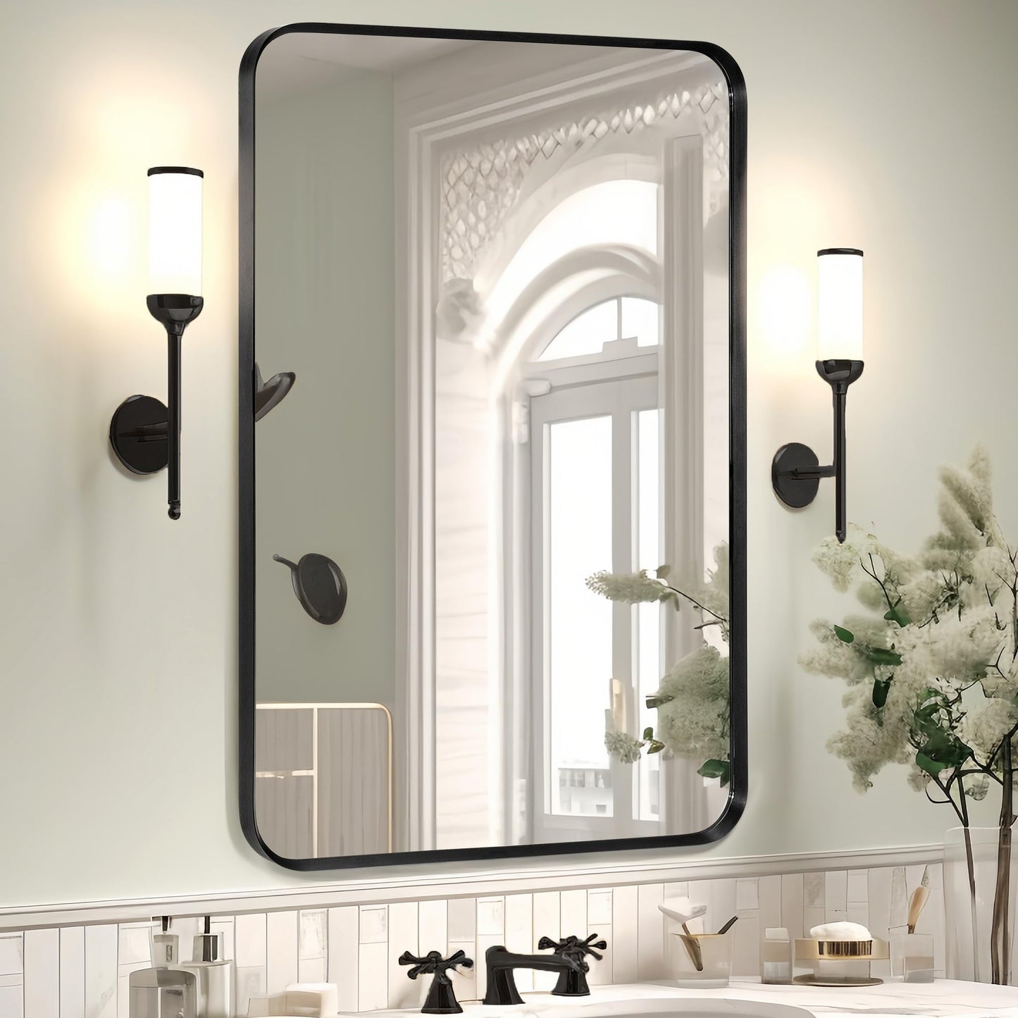 Minuover Wall Mount Mirror for Bathroom, Brush Black Metal Framed Rounded Corner Rectangular Vanity Mirror (20" x 30", Black)