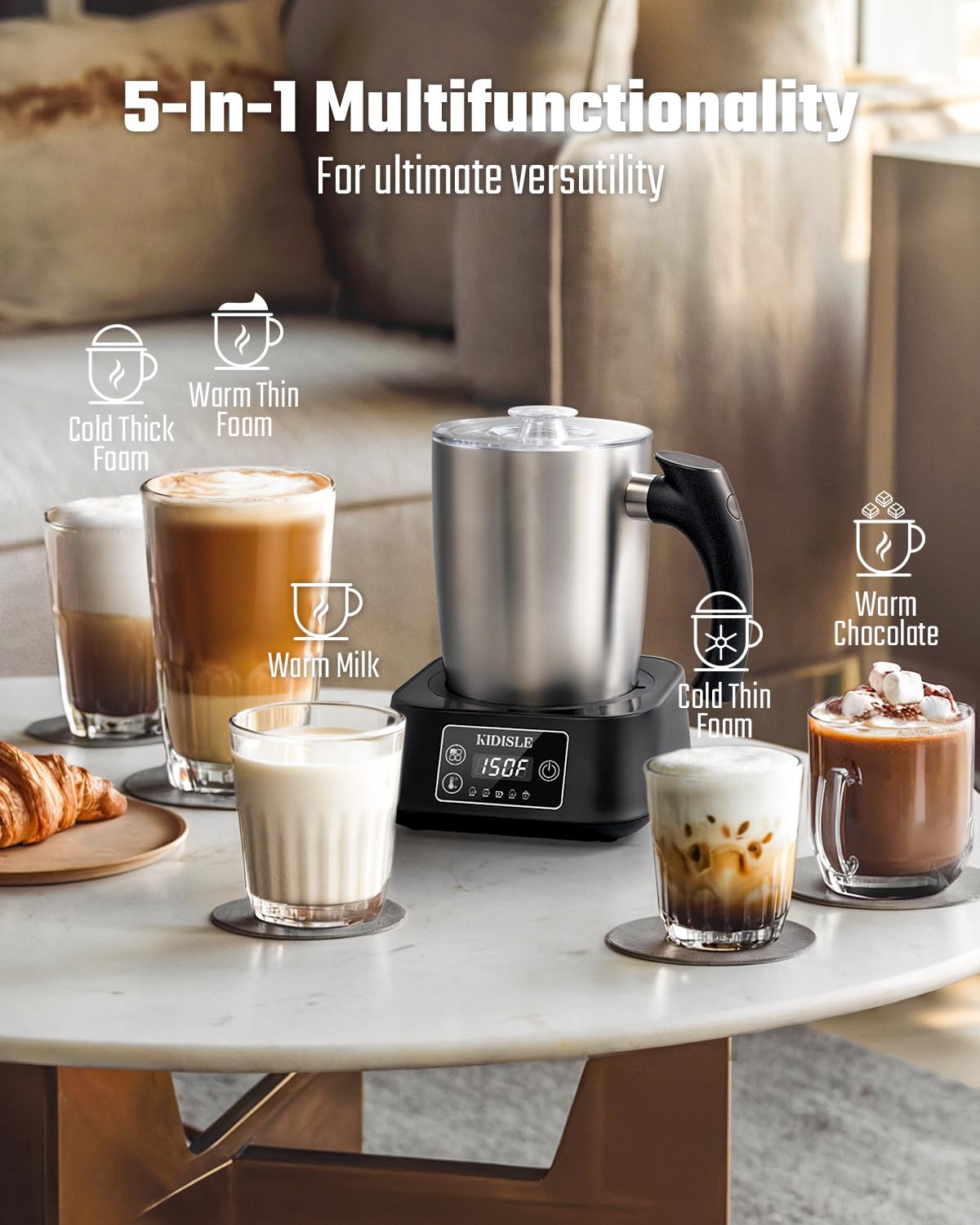 KIDISLE 5-in-1 Milk Frother and Steamer, 17oz Detachable Stainless Steel Jug, 4 Adjustable Temperatures 130°F-160°F, Hot & Cold Foam Maker, Hot Chocolate Maker, Dishwasher Safe